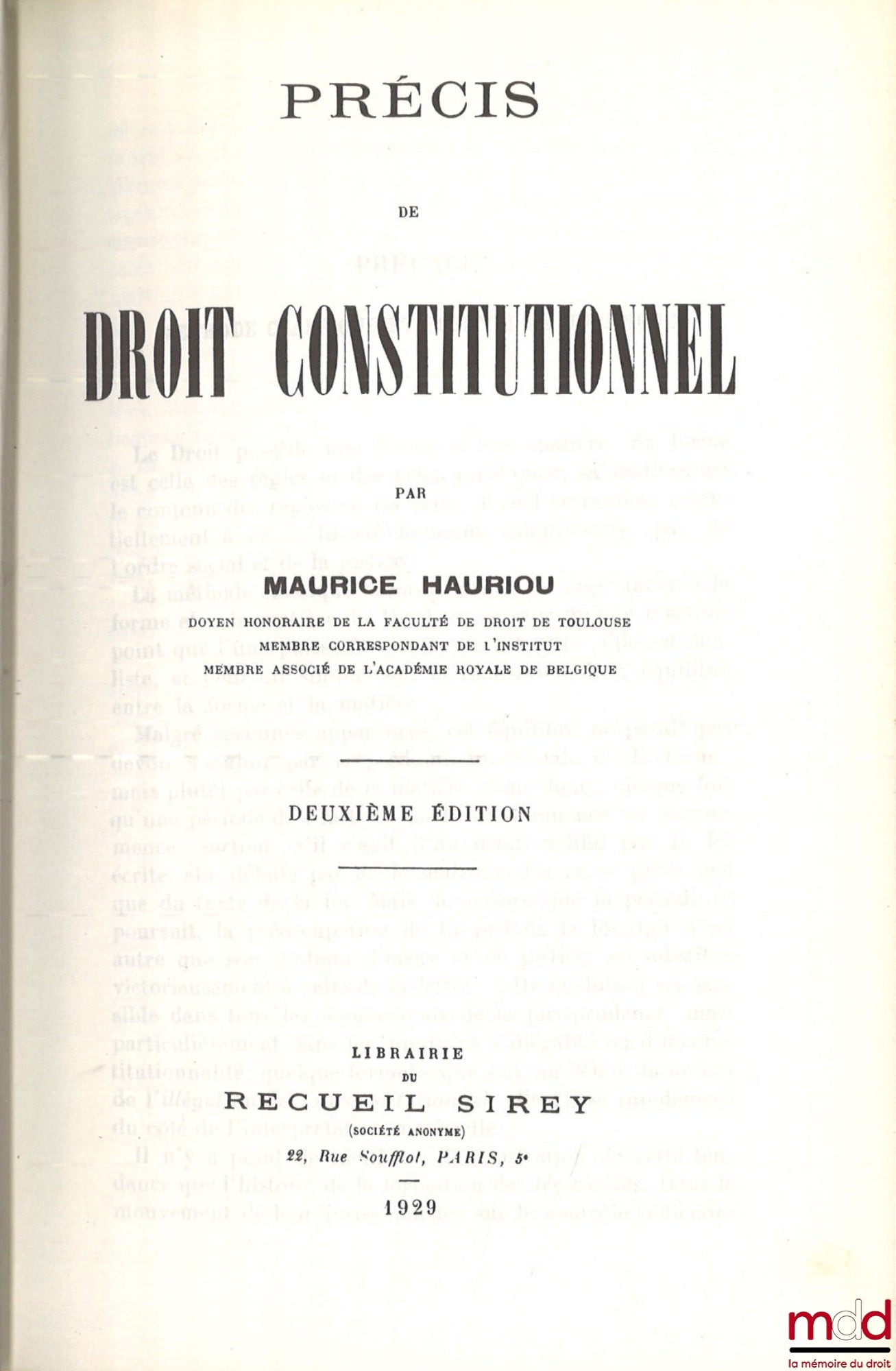 HAURIOU (Maurice) – PRÉCIS DE DROIT CONSTITUTIONNEL, 2nd ed., [reprint]