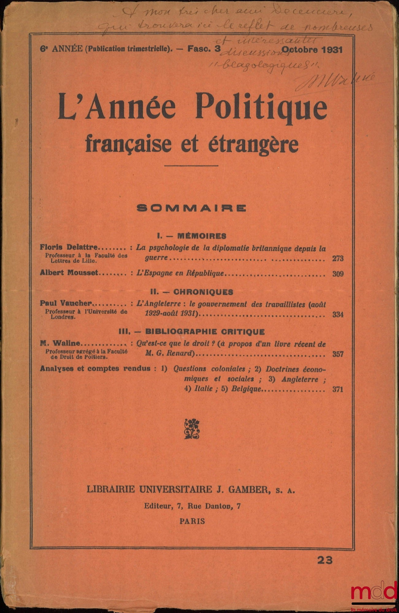 [Vaucher (Paul), Waline (Marcel) et alii] – L’ANNÉE POLITIQUE FRANÇAISE ET ÉTRANGÈRE, 6e année, Fasc. 3, Octobre 1931
