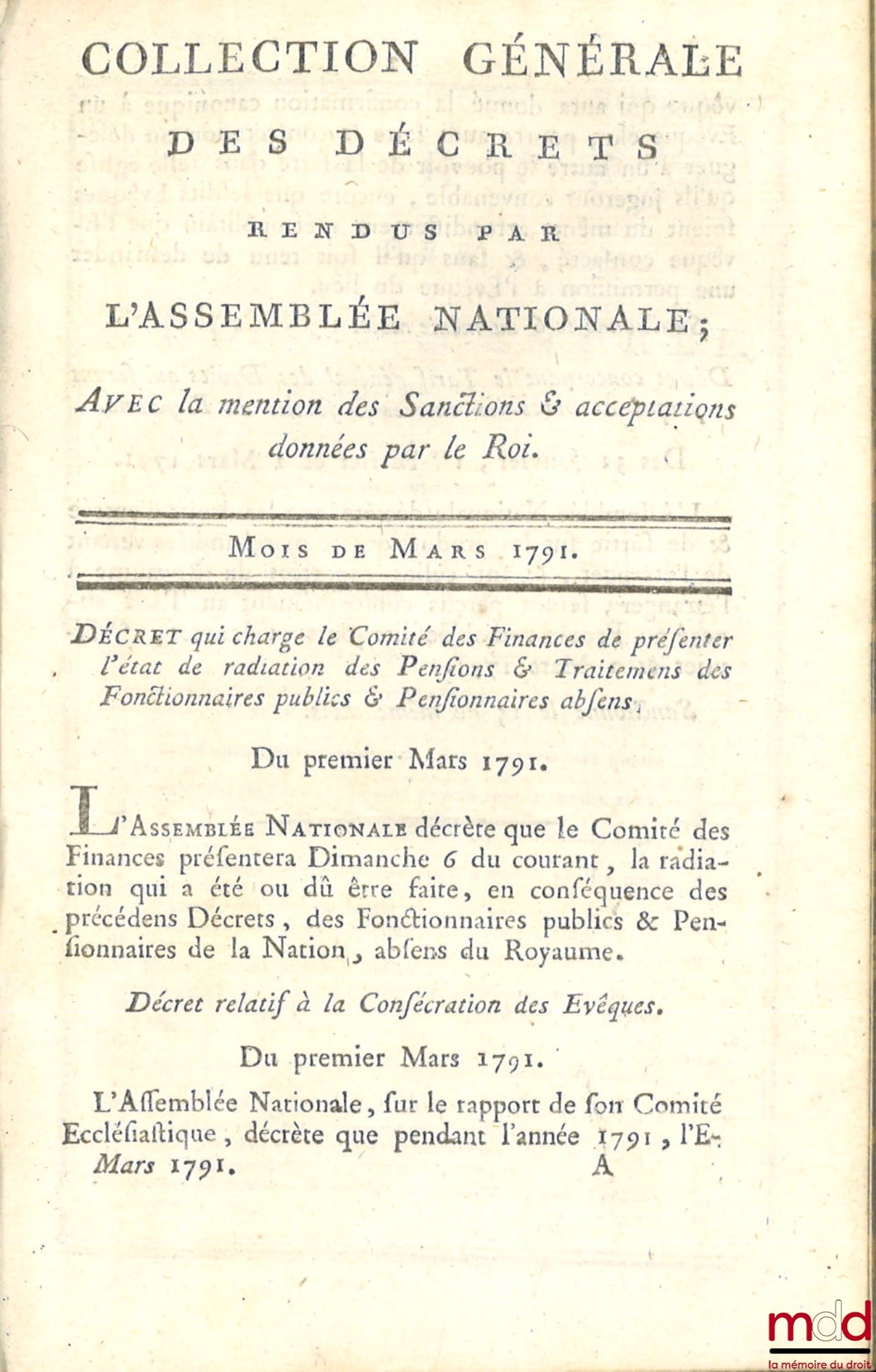 [Recueil] – COLLECTION GÉNÉRALE DES DÉCRETS RENDUS PAR L’ASSEMBLÉE NATIONALE. Avec la mention des Sanctions et acceptations données par le Roi, Août 1790 à Juillet 1791