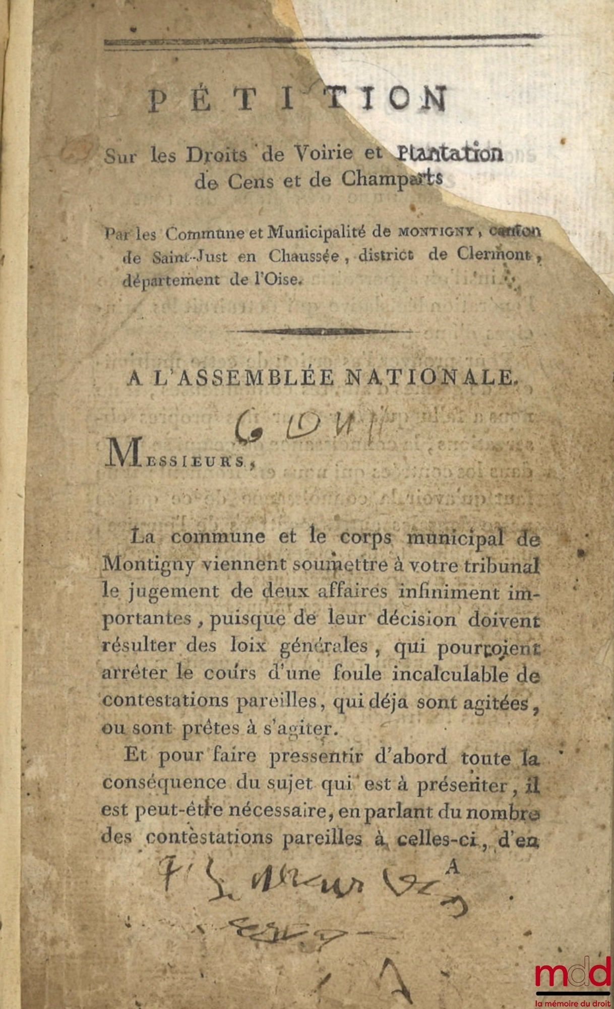[Collective] – Petition concerning road and planting rights, rents and sharecropping, by the commune and municipality of Montigny, canton of Saint-Just en Chaussée, district of Clermont, department of Oise, to the National Assembly