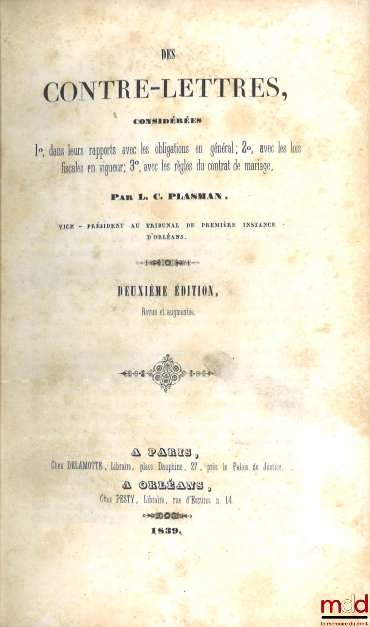 PLASMAN (LC) – COUNTER-LETTERS, considered 1) in their relation to obligations in general; 2) with current tax laws; 3) with the rules of the marriage contract