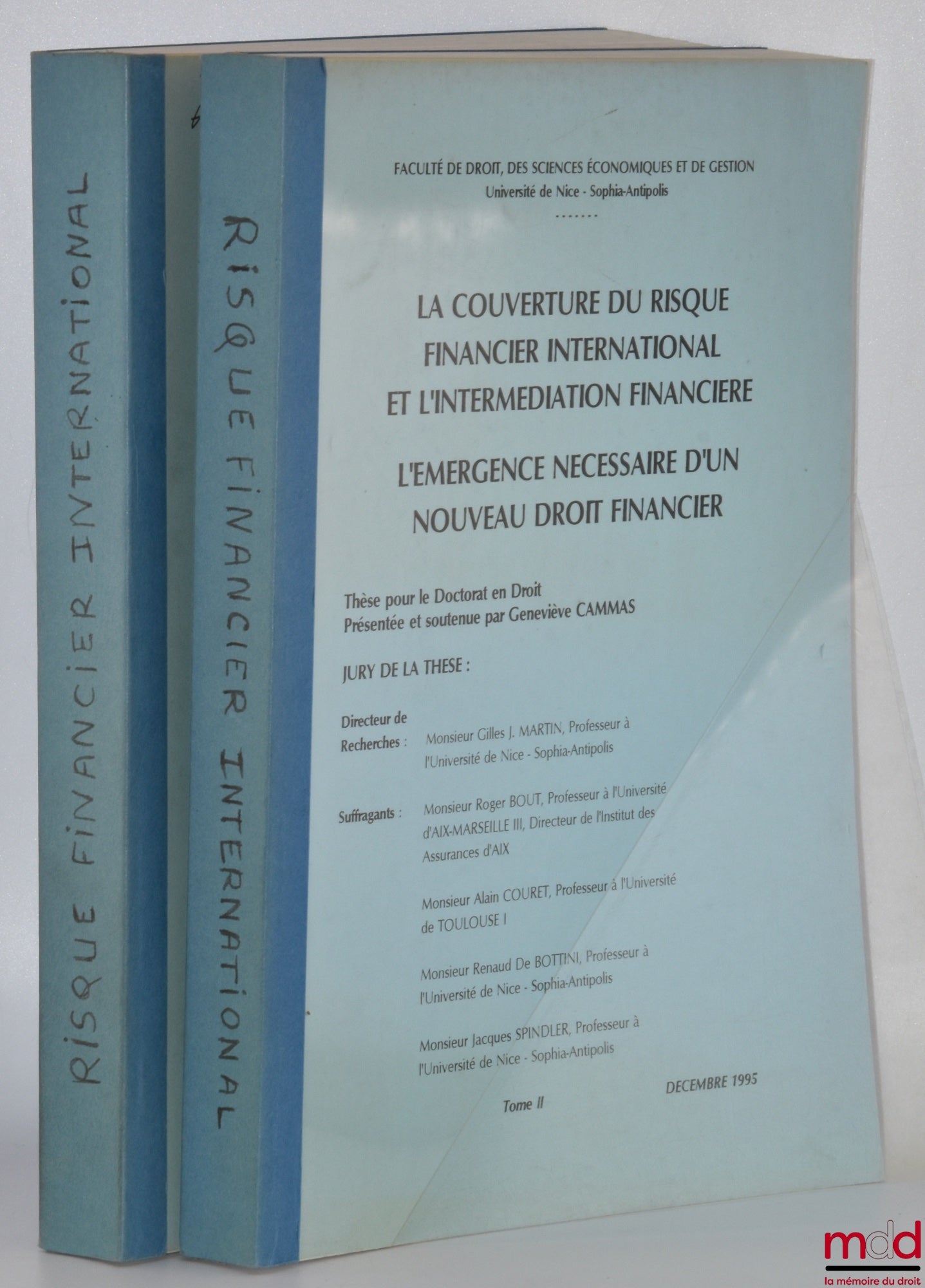 [Thèse non publiée], CAMMAS (Geneviève) – LA COUVERTURE DU RISQUE FINANCIER INTERNATIONAL ET L’INTERMÉDIATION FINANCIÈRE, L’ÉMERGENCE NÉCESSAIRE D’UN NOUVEAU DROIT FINANCIER, t. I et II, Thèse (Gilles J. Martin, Roger Bout, Alain Couret, Renaud De Bottini