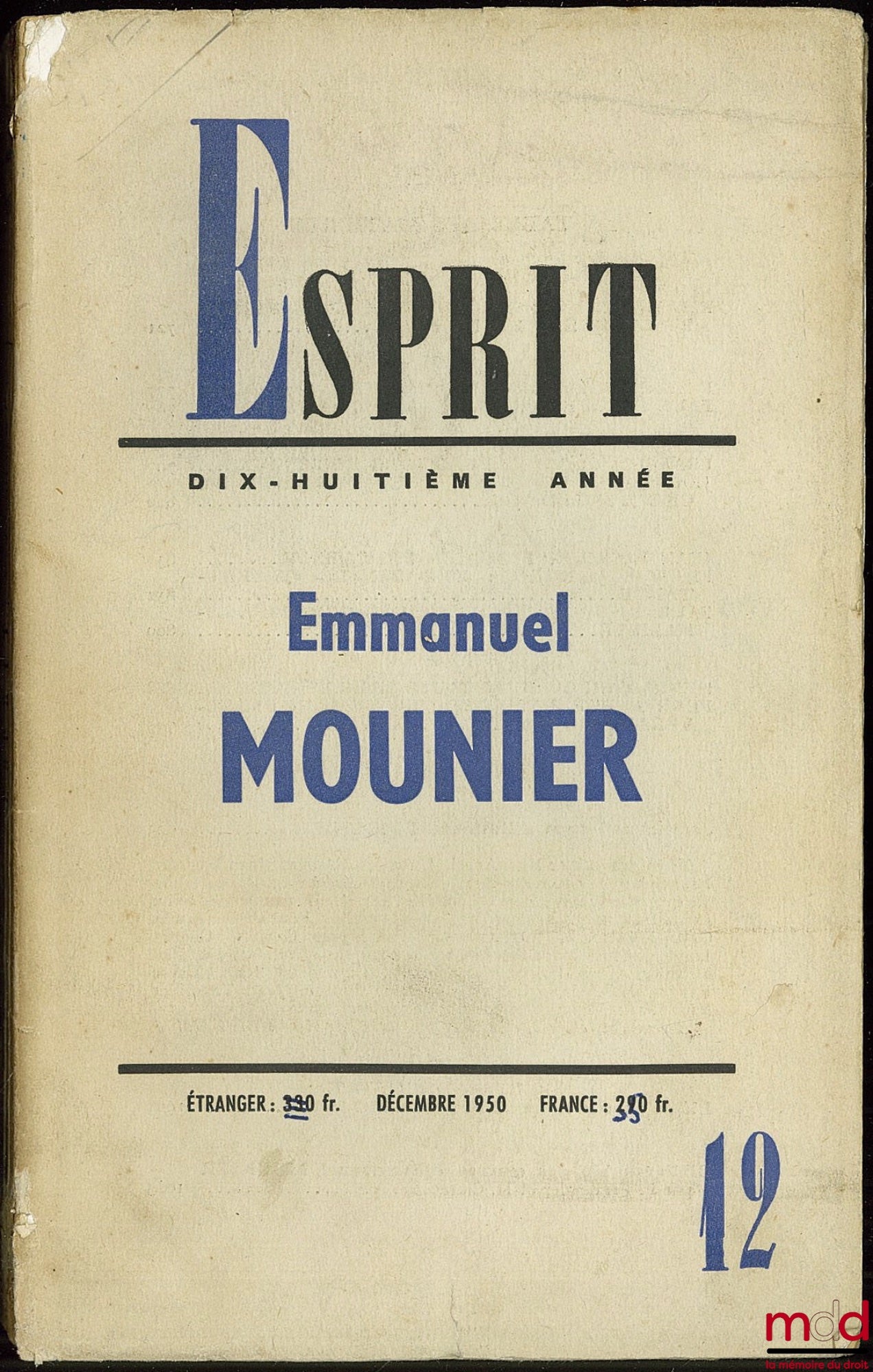 [Periodical], MOUNIER (Emmanuel) – EMMANUEL MOUNIER, ESPRIT 18th year, no. 174 - 12
