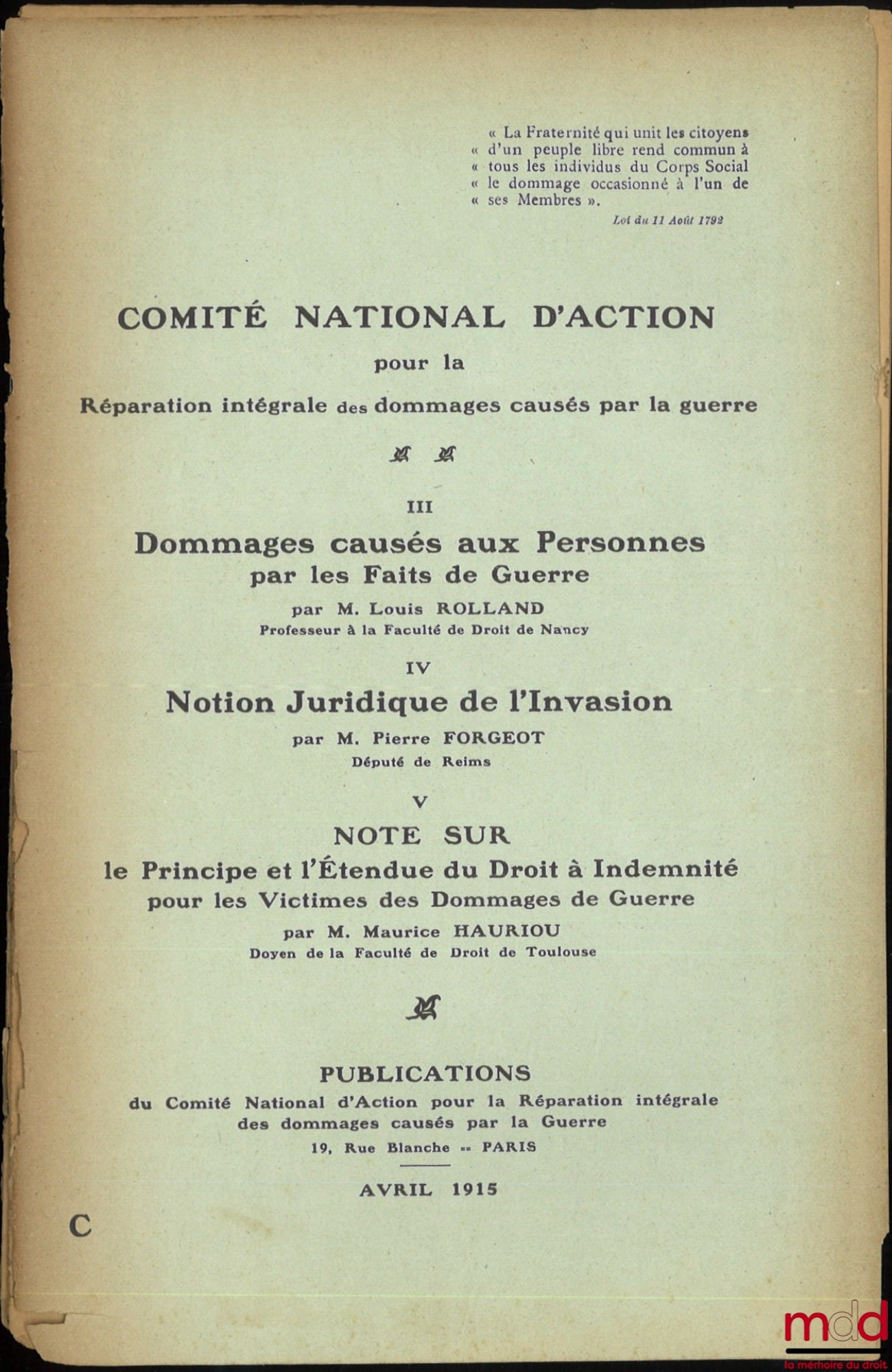 ROLLAND (Louis) – DAMAGES CAUSED TO PERSONS BY ACTS OF WAR, National Action Committee for the Full Reparation of Damages Caused by War