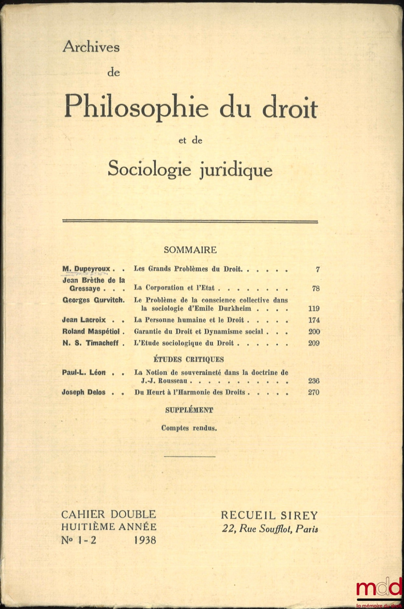[Archives of Philosophy of Law and Legal Sociology - APD] – Double Notebook, Eighth Year, No. 1-2