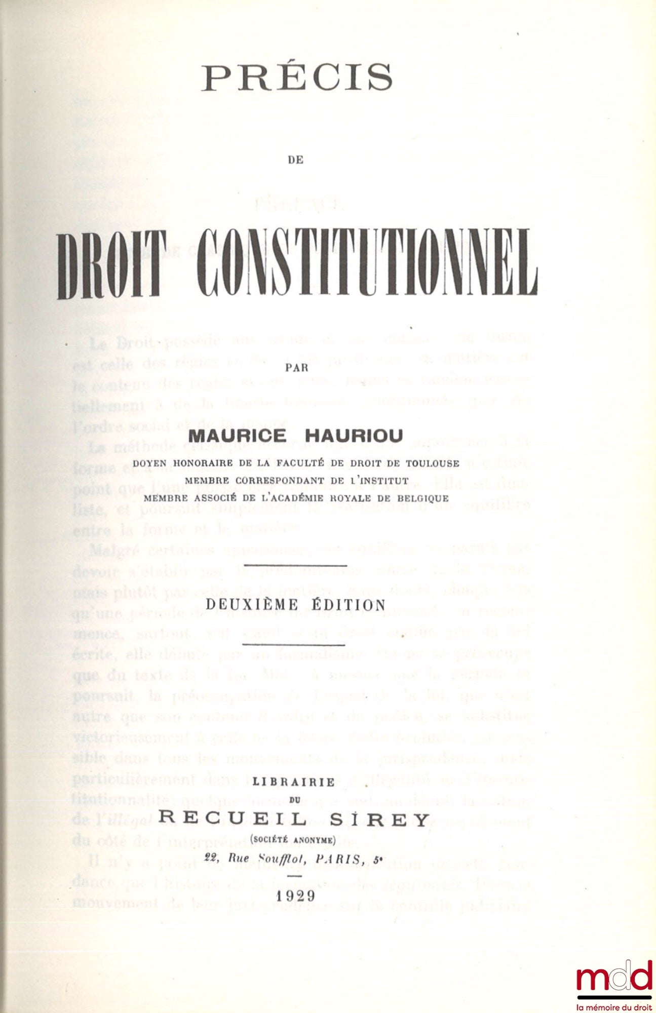 HAURIOU (Maurice) – PRÉCIS DE DROIT CONSTITUTIONNEL, 2nd ed., [reprint]