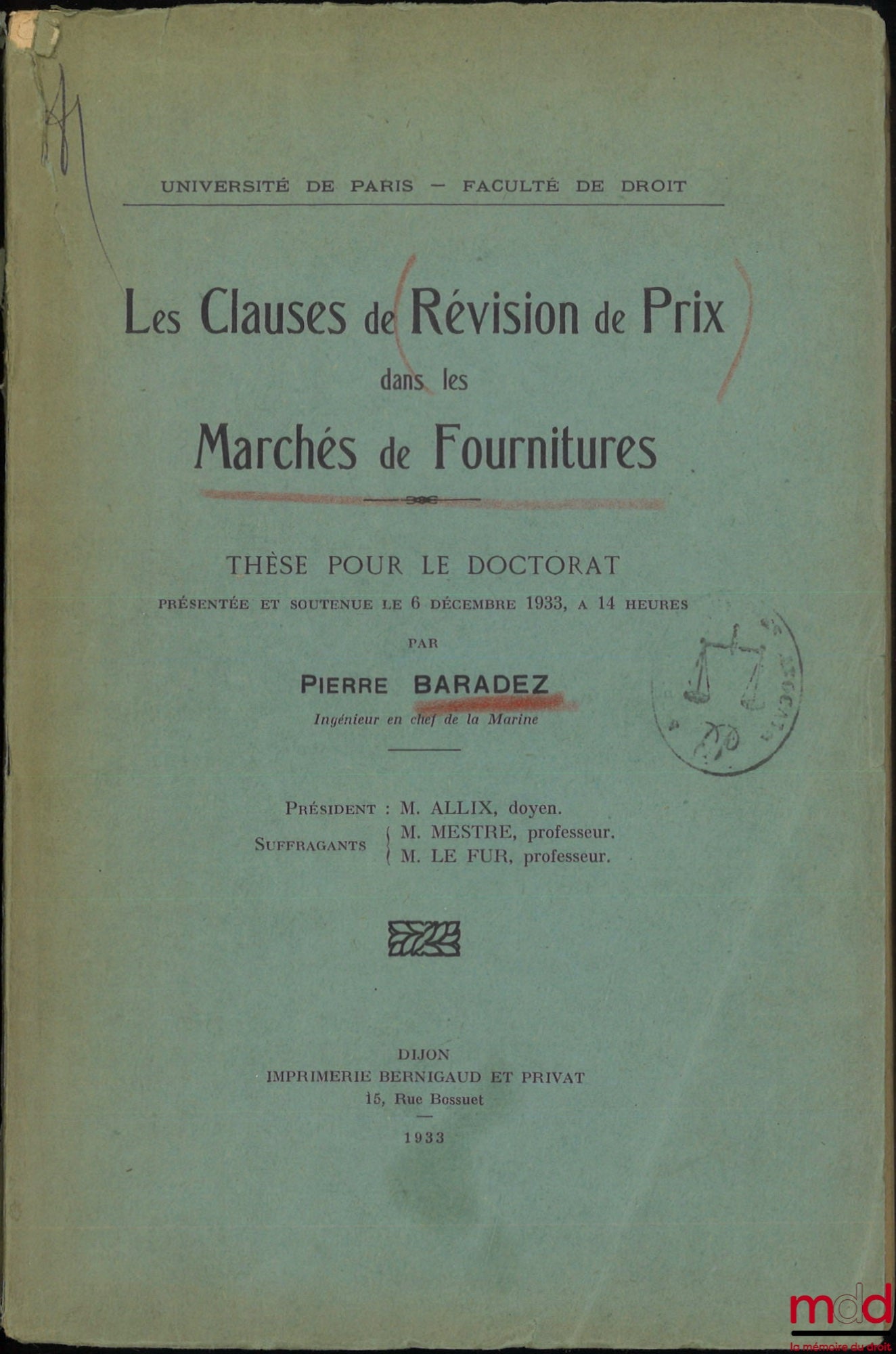 BARADEZ (Pierre) – PRICE REVISION CLAUSES IN SUPPLY CONTRACTS, Thesis, University of Paris, Faculty of Law