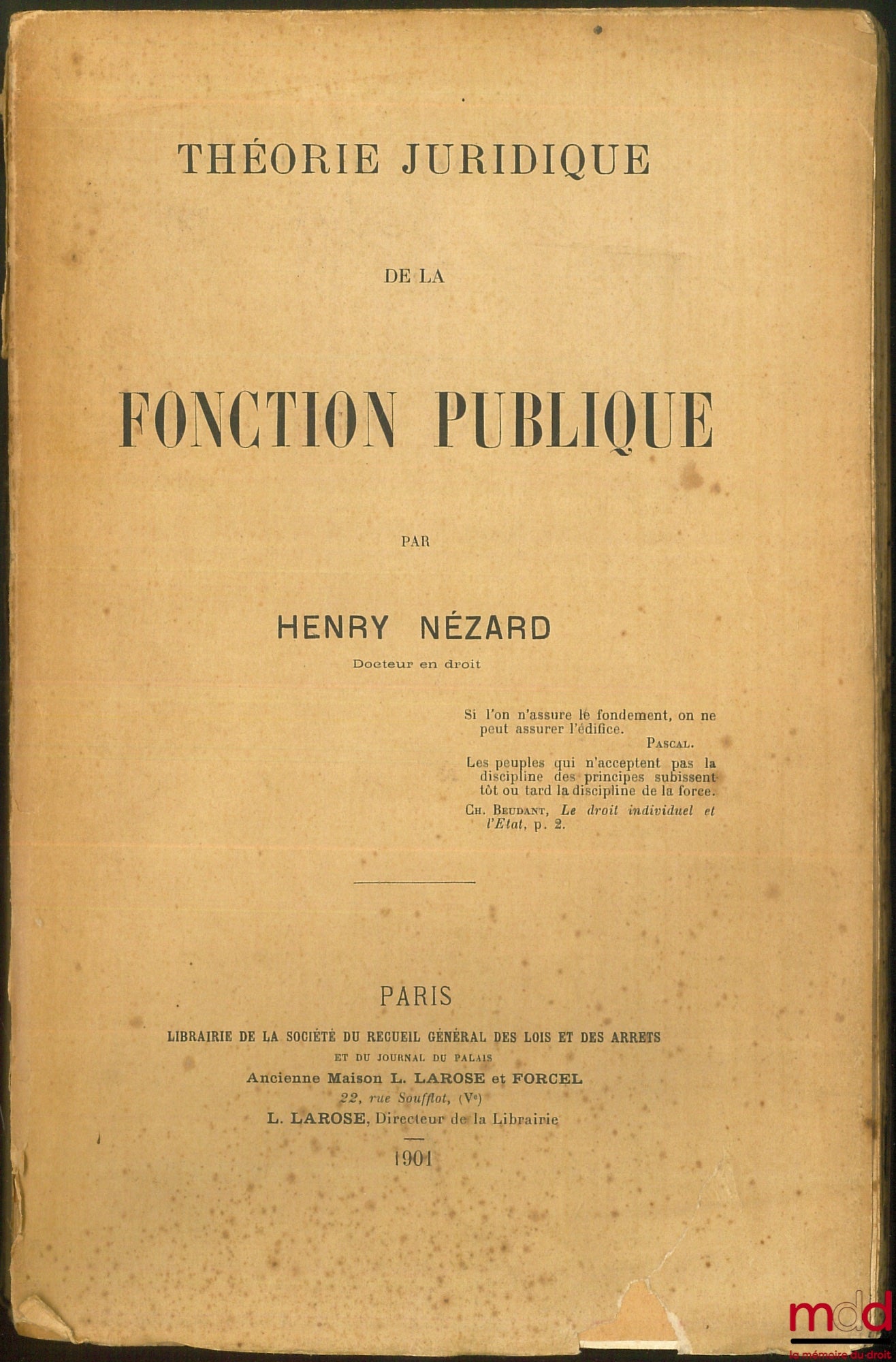 NÉZARD (Henry) – THÉORIE JURIDIQUE DE LA FONCTION PUBLIQUE