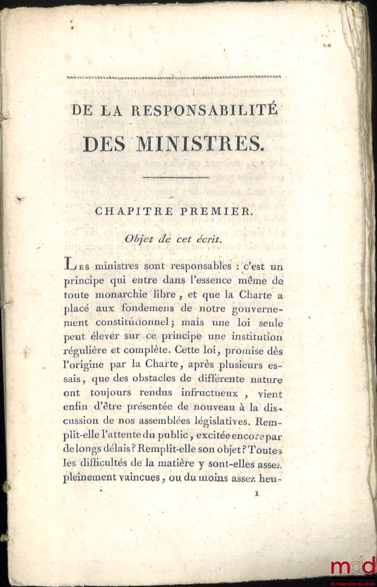 [Projet de Loi] – DE LA RESPONSABILITÉ DES MINISTRES et DE LA RESPONSABILITÉ DES MINISTRES, ET DU PROJET DE LOI SUR LE MODE DE PROCÉDER DANS LES DEUX CHAMBRES EN CAS D’ACCUSATION D’UN MINISTRE