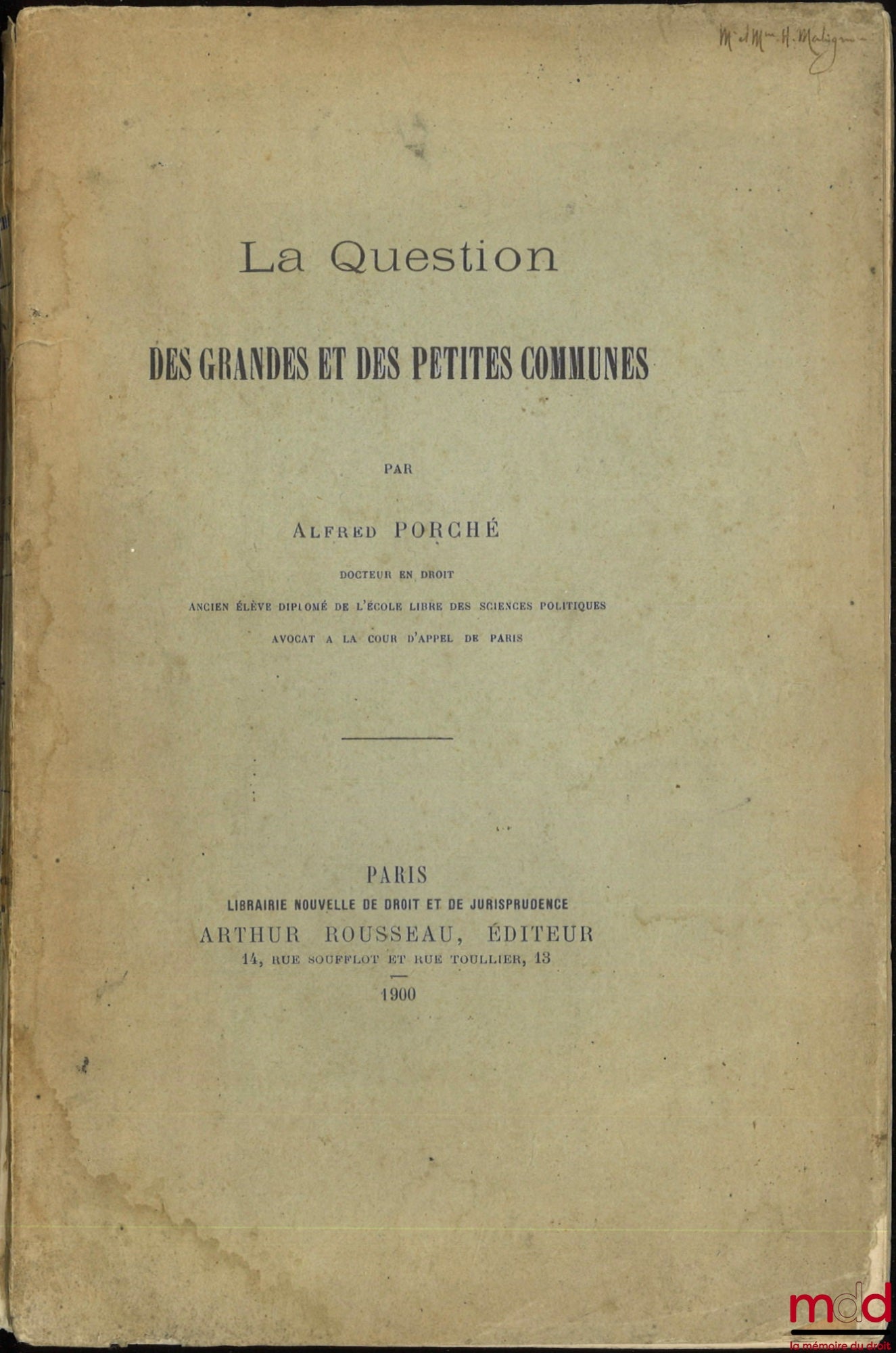 PORCHÉ (Alfred) – THE QUESTION OF LARGE AND SMALL TOWNS