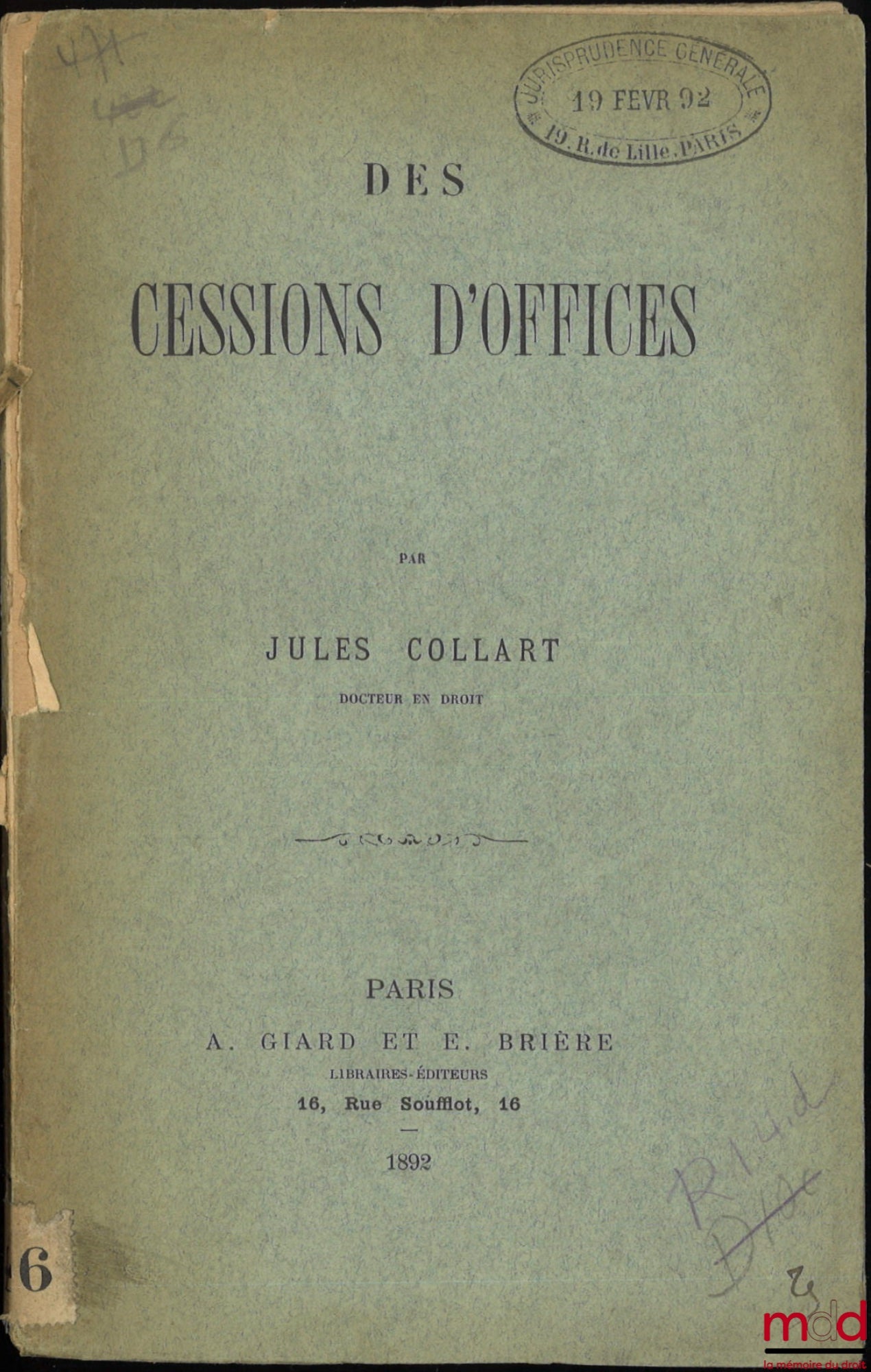COLLART (Jules) – TRANSFER OF OFFICES