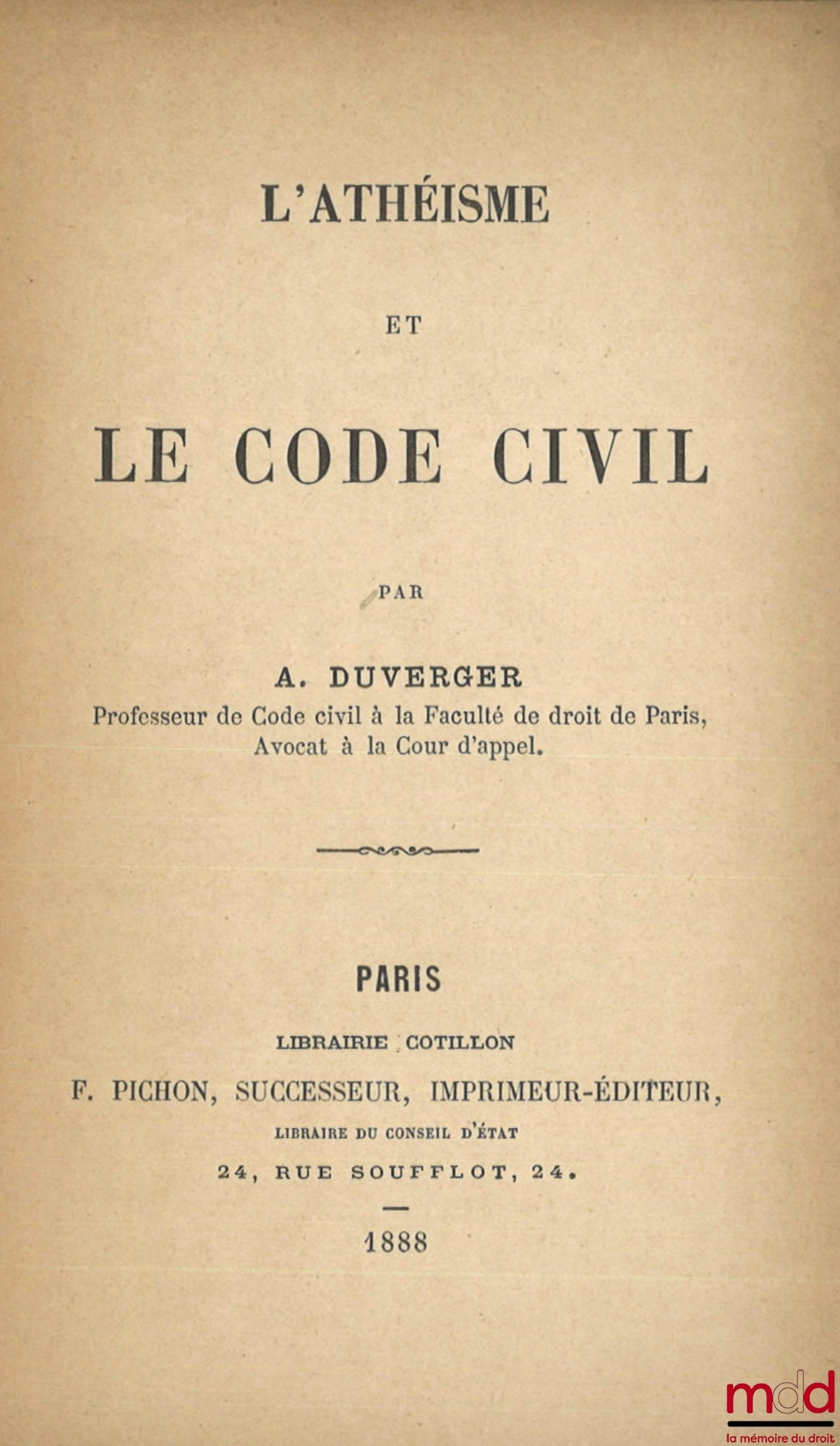 DUVERGER (A.) – ATHEISM AND THE CIVIL CODE