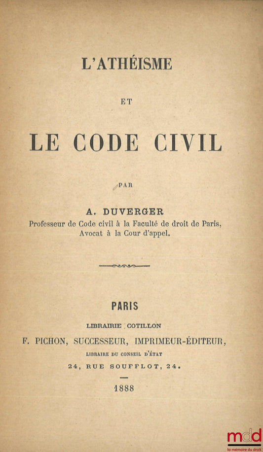 DUVERGER (A.) – ATHEISM AND THE CIVIL CODE