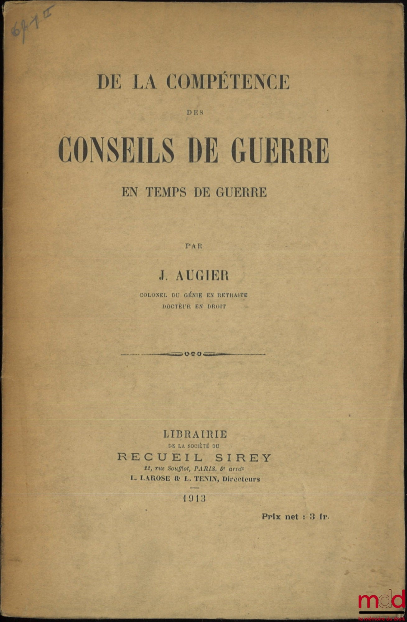 AUGIER (J.) – ON THE JURISDICTION OF COUNCILS-MARTIAL IN WARTIME