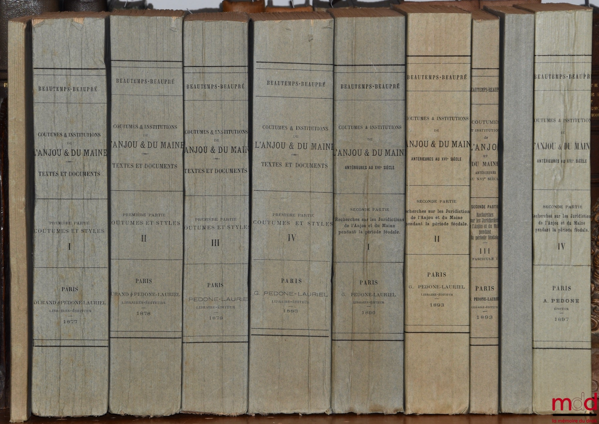 BEAUTEMPS-BEAUPRÉ (Charles Jean) – CUSTOMS AND INSTITUTIONS OF ANJOU & MAINE prior to the 16th century, Texts and documents with notes and dissertations. Part One: Customs and Styles (4 vols.); Part Two: Research on the Jurisdictions