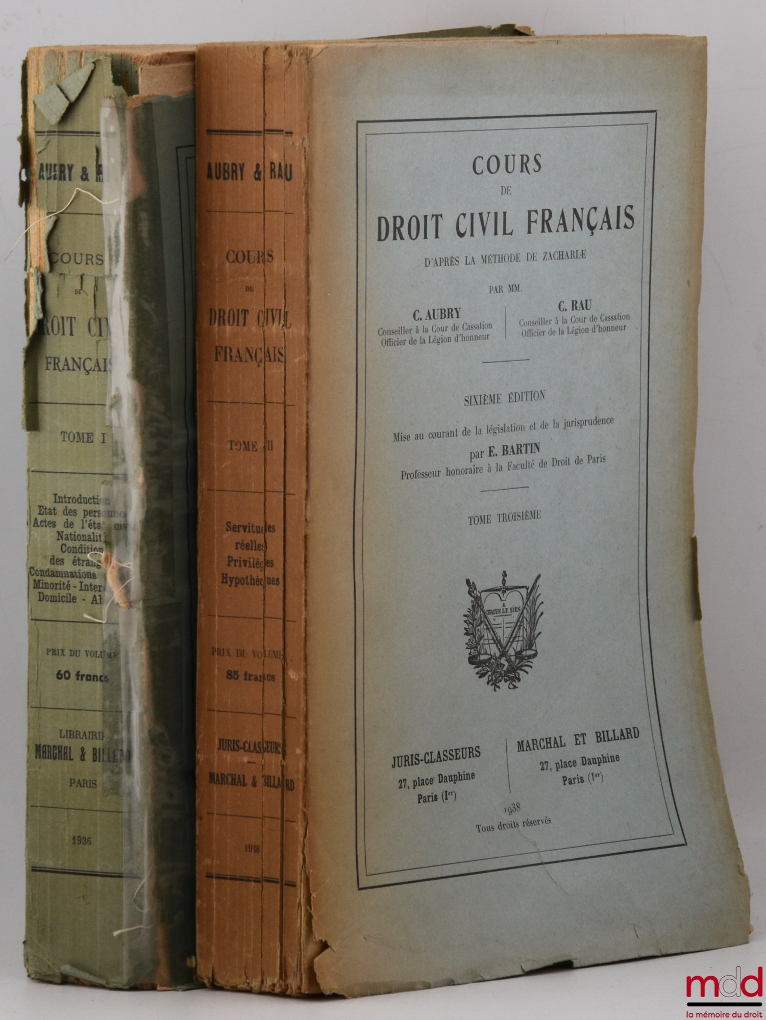 AUBRY (Charles) and RAU (Charles-Frédéric) – COURSE IN FRENCH CIVIL LAW ACCORDING TO THE METHOD OF ZACHARIÆ, 6th ed. revised and updated with legislation and case law by Étienne Bartin, [vol. I (Introduction, Status of Persons, Acts of Status)