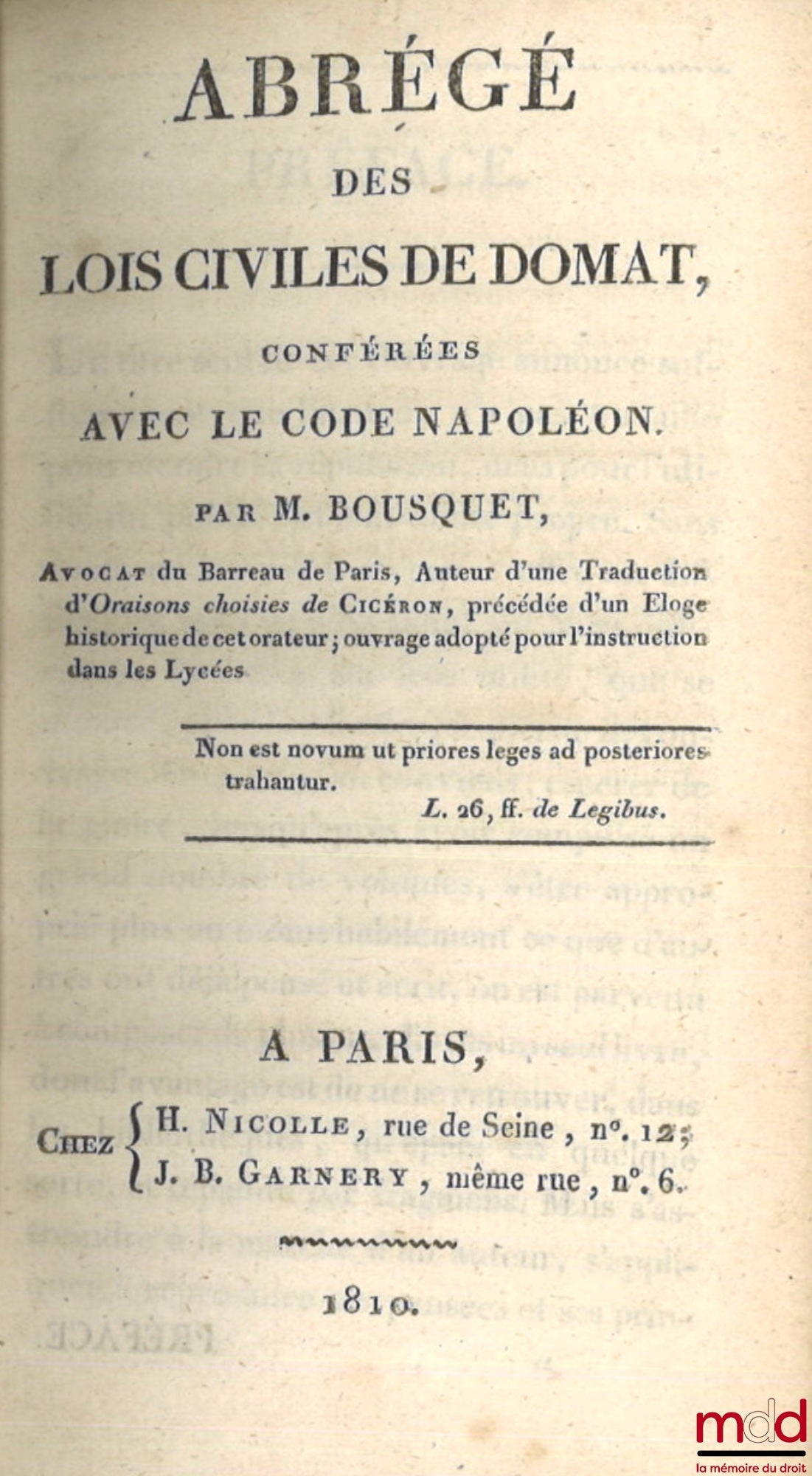 BOUSQUET – ABRÉGÉ DES LOIS CIVILES DE DOMAT, Conférées avec le Code Napoléon