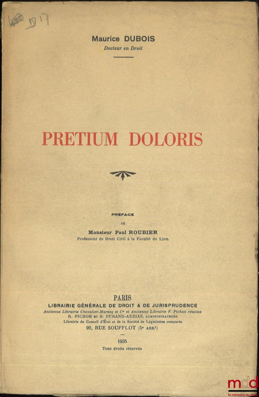 DUBOIS (Mauritius) – PRETIUM DOLORIS, Preface by Paul Roubier