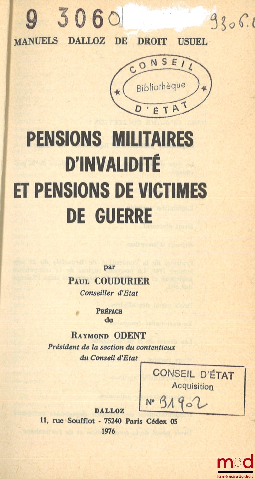 COUDURIER (Paul) – MILITARY DISABILITY PENSIONS AND WAR VICTIM PENSIONS, Preface by Raymond Odent