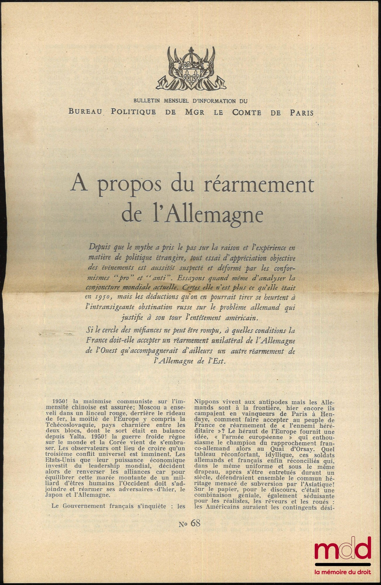 COUNT OF PARIS – ON THE REARMAMENT OF GERMANY, Monthly Information Bulletin of the Political Bureau of His Grace the Count of Paris, No. 68