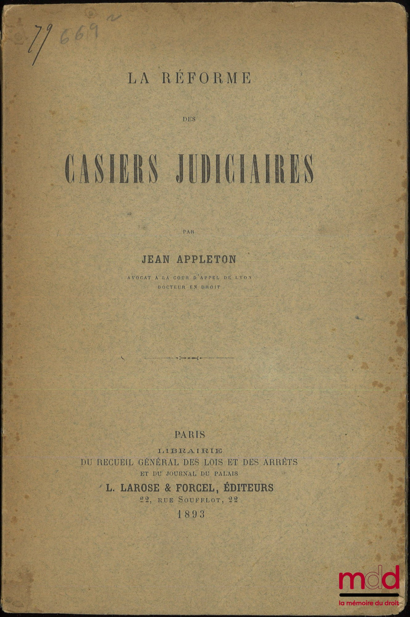 APPLETON (Jean) – CRIMINAL RECORD REFORM