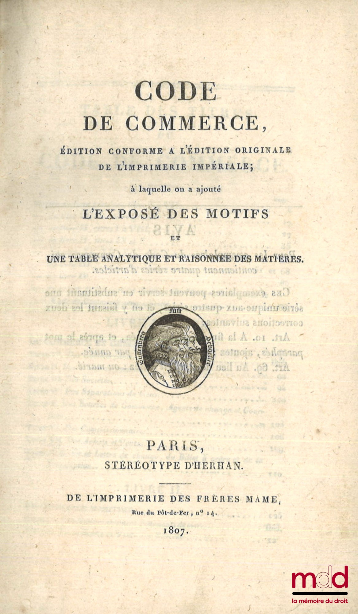 [Commercial Code] – COMMERCIAL CODE, Edition conforming to the original edition of the Imperial Printing Office; to which has been added the statement of reasons and an analytical and reasoned Table of Contents