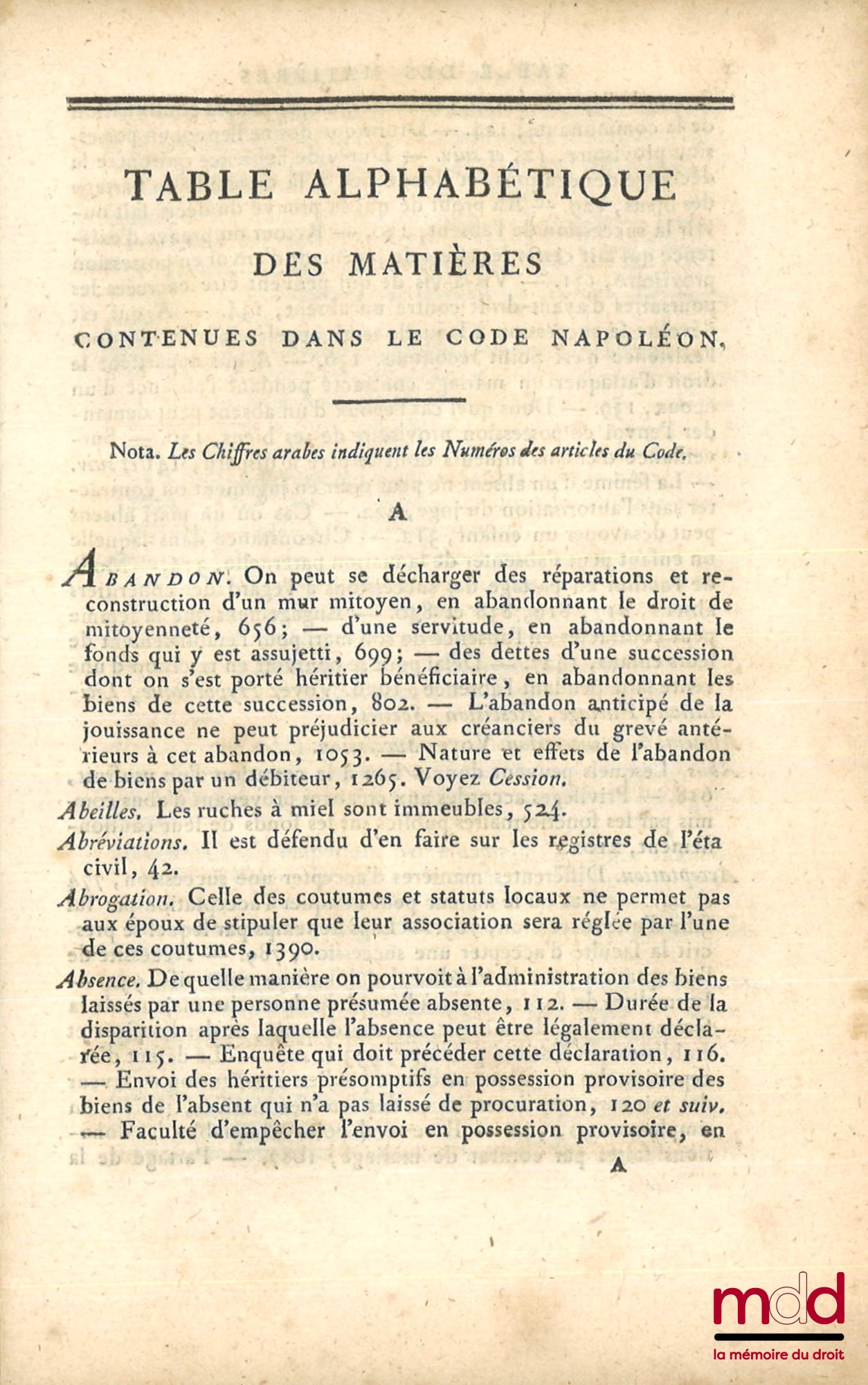 [Civil Code - Original Edition] – NAPOLEONIC CODE, ORIGINAL AND ONLY OFFICIAL EDITION. ALPHABETICAL TABLE OF CONTENTS CONTAINED IN THE NAPOLEONIC CODE.
