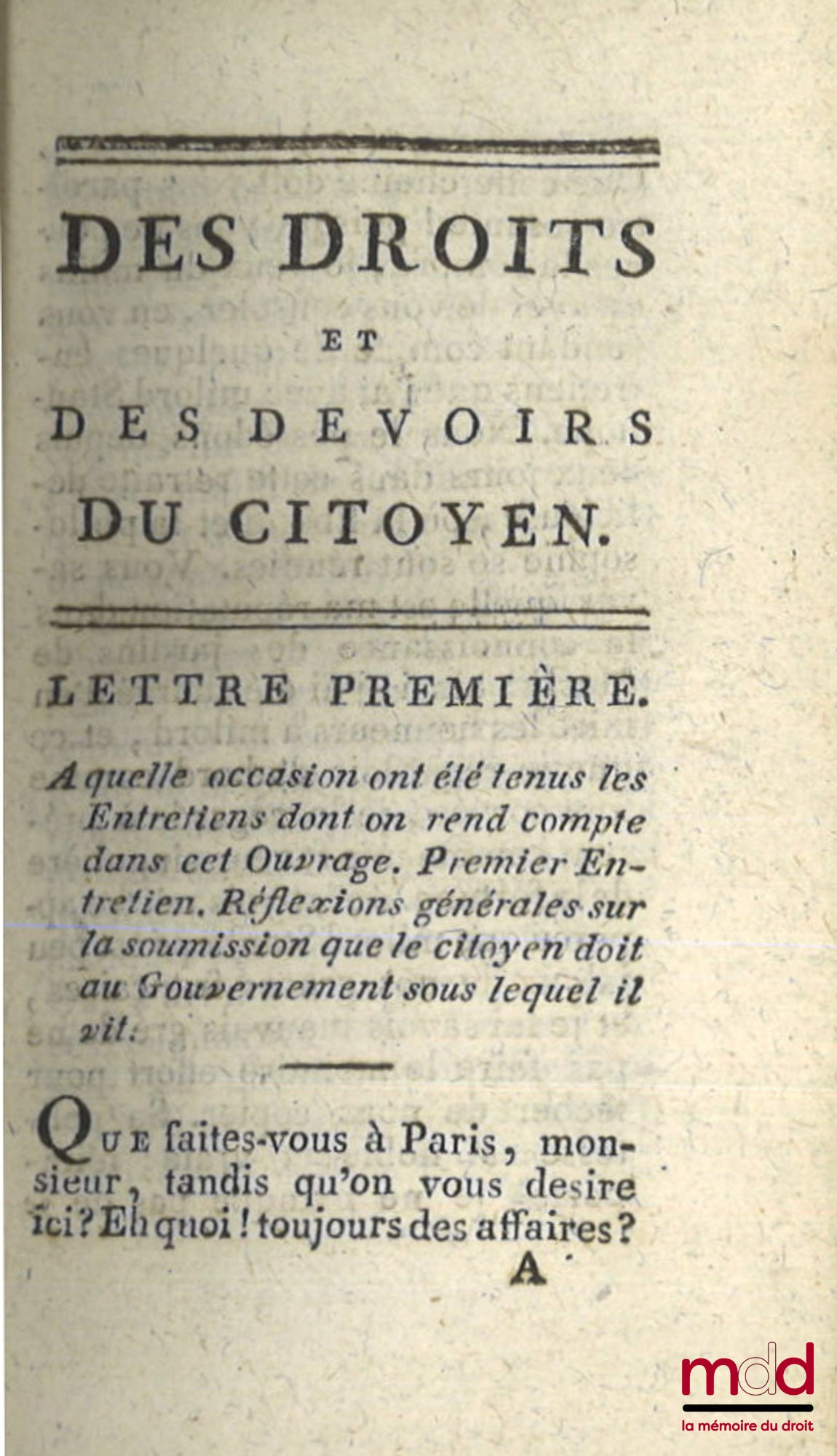 MABLY (Abbé de) – DES DROITS ET DES DEVOIRS DU CITOYEN, Édition augmentée d’un Discours préliminaire, par l’Auteur de la Philosophie de la Nature et orné du portrait de Mably