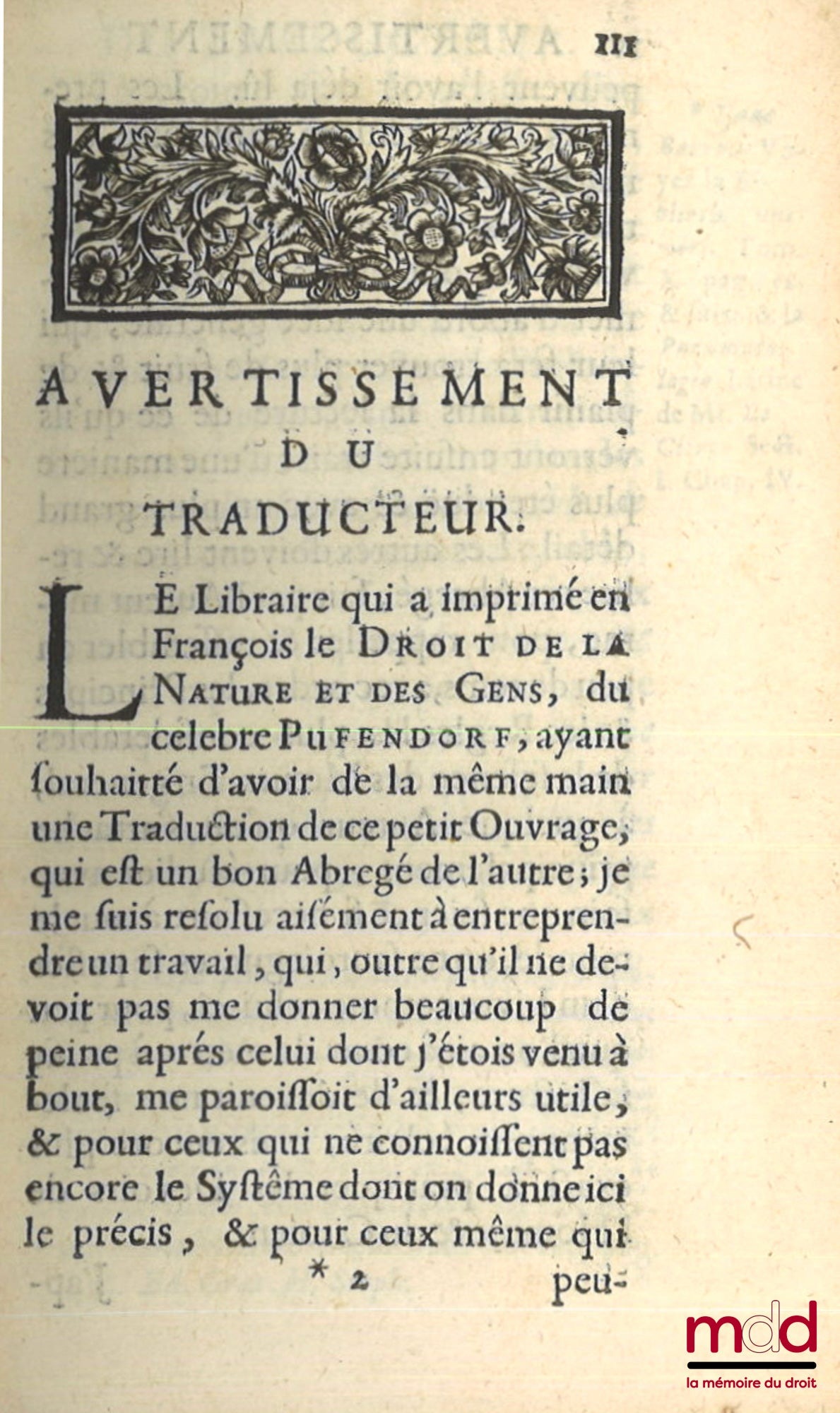 PUFENDORF (Samuel) – LES DEVOIRS DE L’HOMME ET DU CITOIEN, TELS QU’ILS LUI SONT PRESCRITS PAR LA LOI NATURELLE, Traduits du latin de feu Mr. Le Baron de Pufendorf par Jean Barbeyrac, Avec quelques Notes du Traducteur