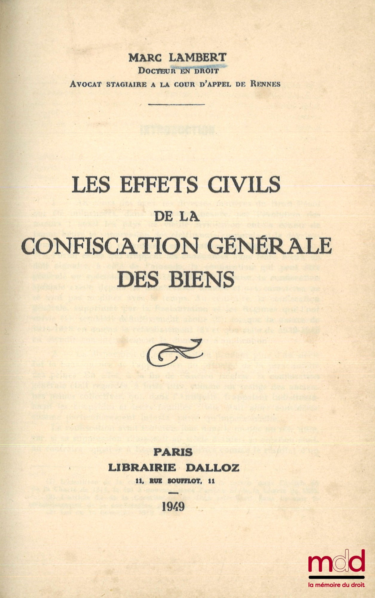 LAMBERT (Marc) – THE CIVIL EFFECTS OF THE GENERAL CONFISCATION OF PROPERTY