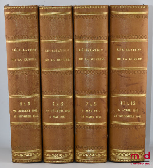 LÉGISLATION DE LA GUERRE DE 1914-1918, Lois , Décrets, Arrêtés ministériels et Circulaires ministérielles, avec références au Recueil Sirey, au Journal du Palais et aux Pandectes françaises, du Ier vol. (28 juil. 1914-15 janv. 1915) au XIIe (1er nov. 1918