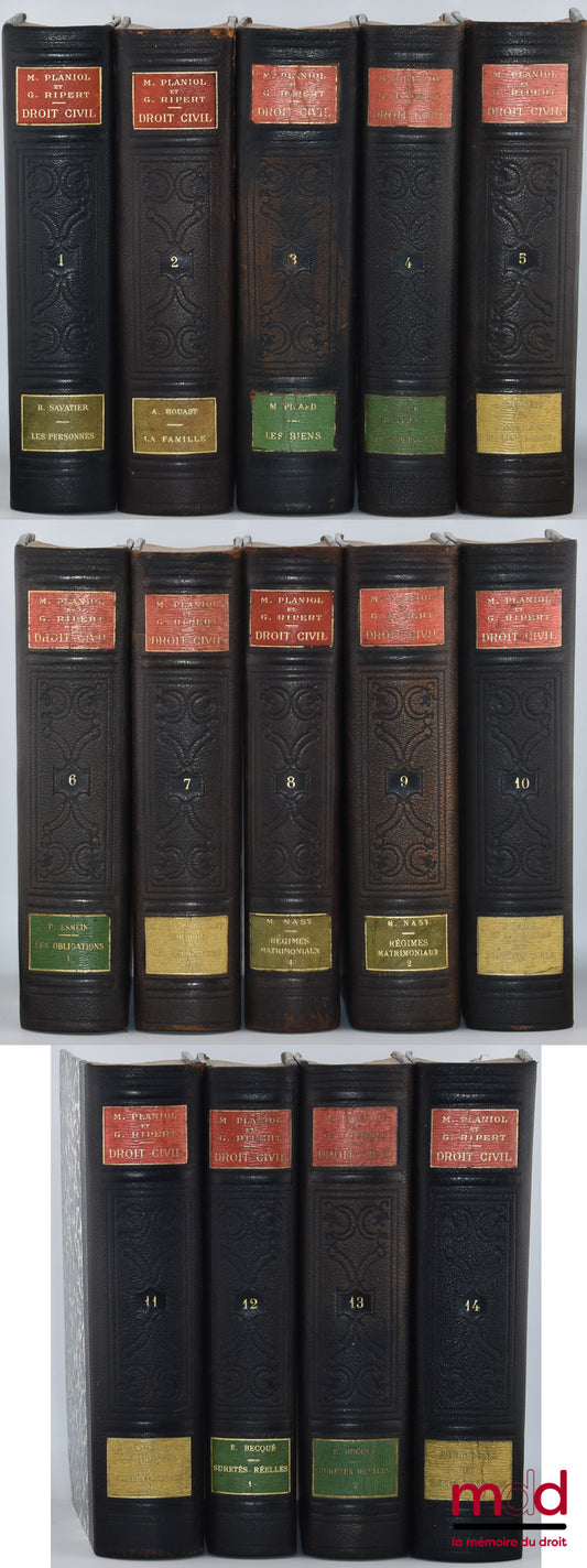PLANIOL (Marcel) et RIPERT (Georges) – TRAITÉ PRATIQUE DE DROIT CIVIL FRANÇAIS, 1re éd. : t. I : Les personnes - État et capacité, Avec le concours de René Savatier (VIII-852 p.) ; t. II : La famille - Mariage, divorce, filiation, Avec le concours de Andr