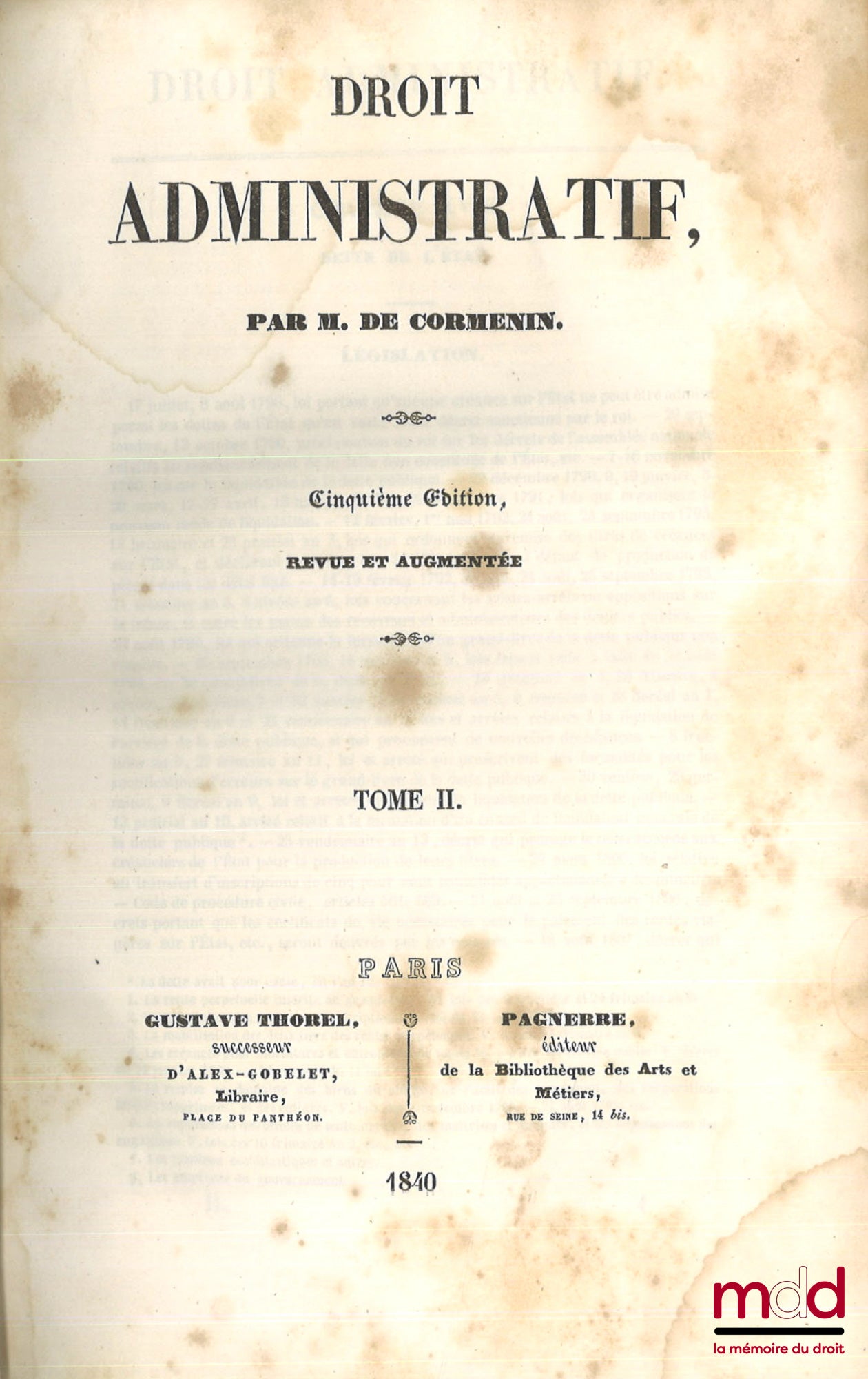 CORMENIN (Louis de) – DROIT ADMINISTRATIF, 5e éd. revue et augmentée