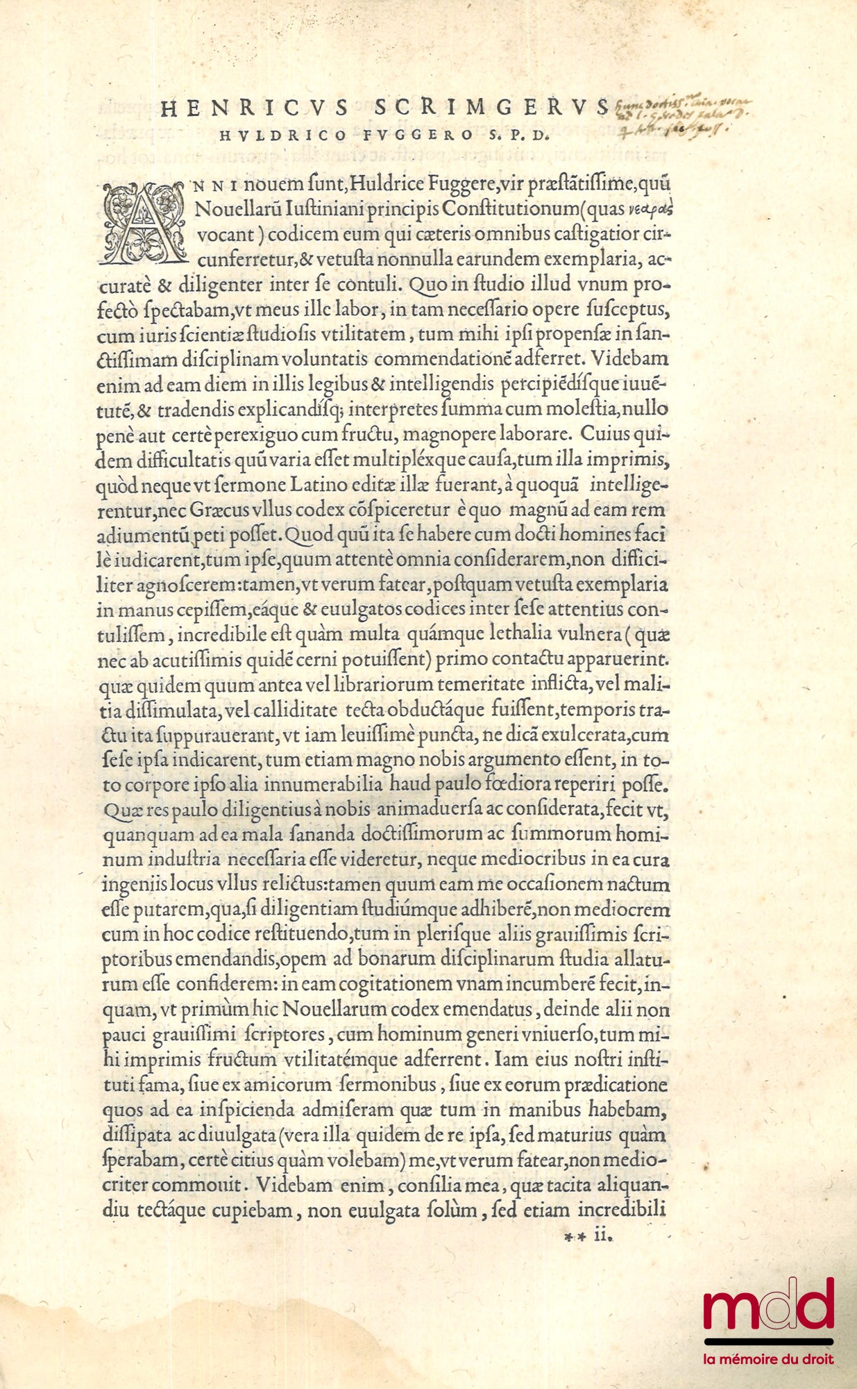FUGGER (Ulricus), SCRIMGER (Heinrich) – [Autokratorōn, Ioustinianou, Ioustinou, Leontos nearai diataxeis Ioustinianou édikta.], IMPP. IUSTINIANI, IUSTINI, LEONIS NOUELLÆ CONSTITUTIONES. IUSTINIANI EDICTA. Ex bibliotheca illustris viri Huldrici Fuggeri, do