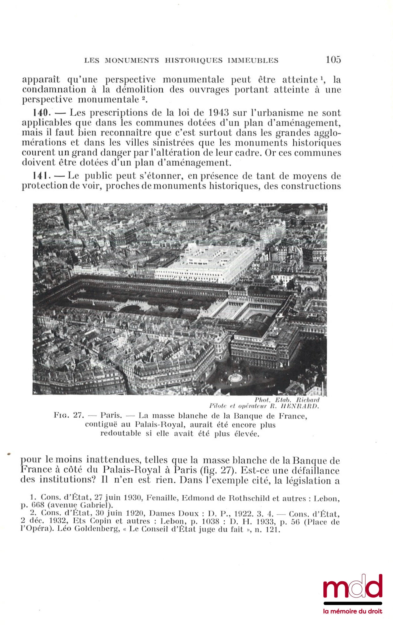 BRICHET (Robert) – LE RÉGIME DES MONUMENTS HISTORIQUES EN FRANCE, Préface de Henry de Ségogne