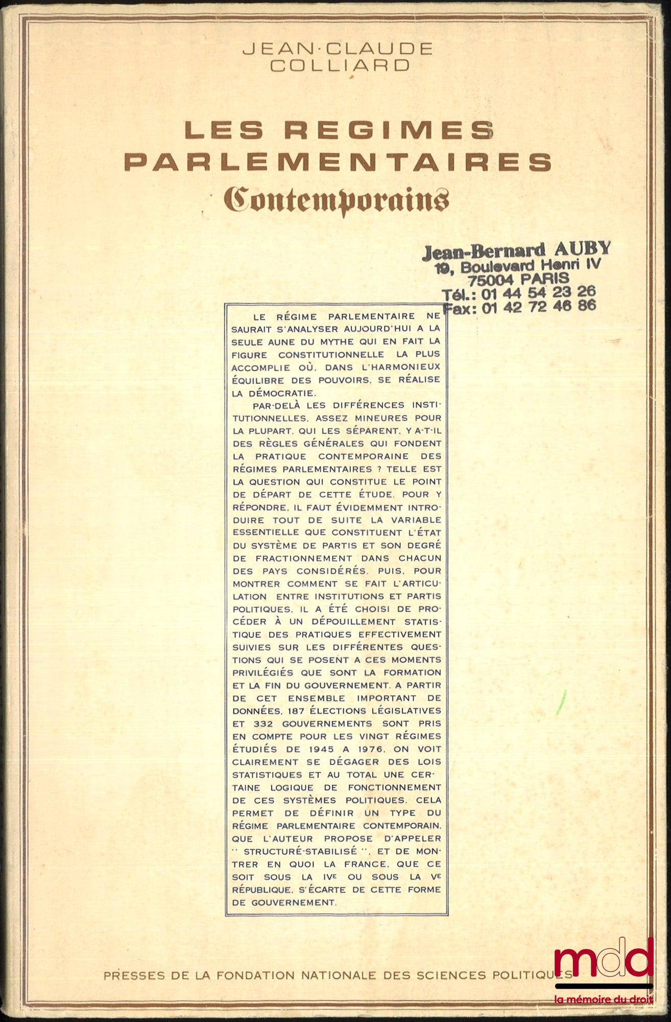 COLLIARD (Jean-Claude) – LES RÉGIMES PARLEMENTAIRES CONTEMPORAINS, Publication de la Fondation nationale des sciences politiques