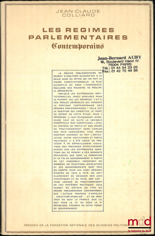 COLLIARD (Jean-Claude) – LES RÉGIMES PARLEMENTAIRES CONTEMPORAINS, Publication de la Fondation nationale des sciences politiques