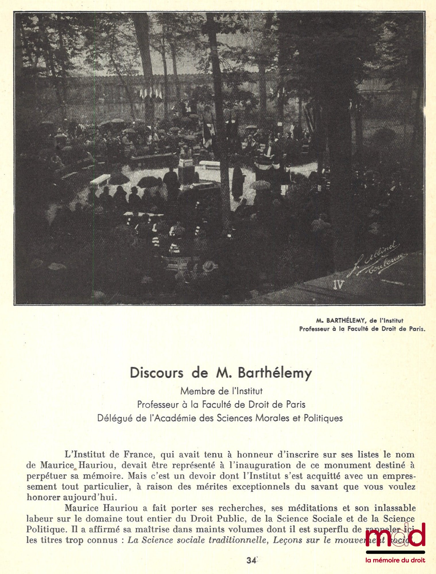HAURIOU (Maurice) – CÉRÉMONIE DE L’INAUGURATION LE 22 AVRIL 1931 DU MONUMENT ÉLEVÉ PAR SOUSCRIPTION À MAURICE HAURIOU, Université de Toulouse, Faculté de droit