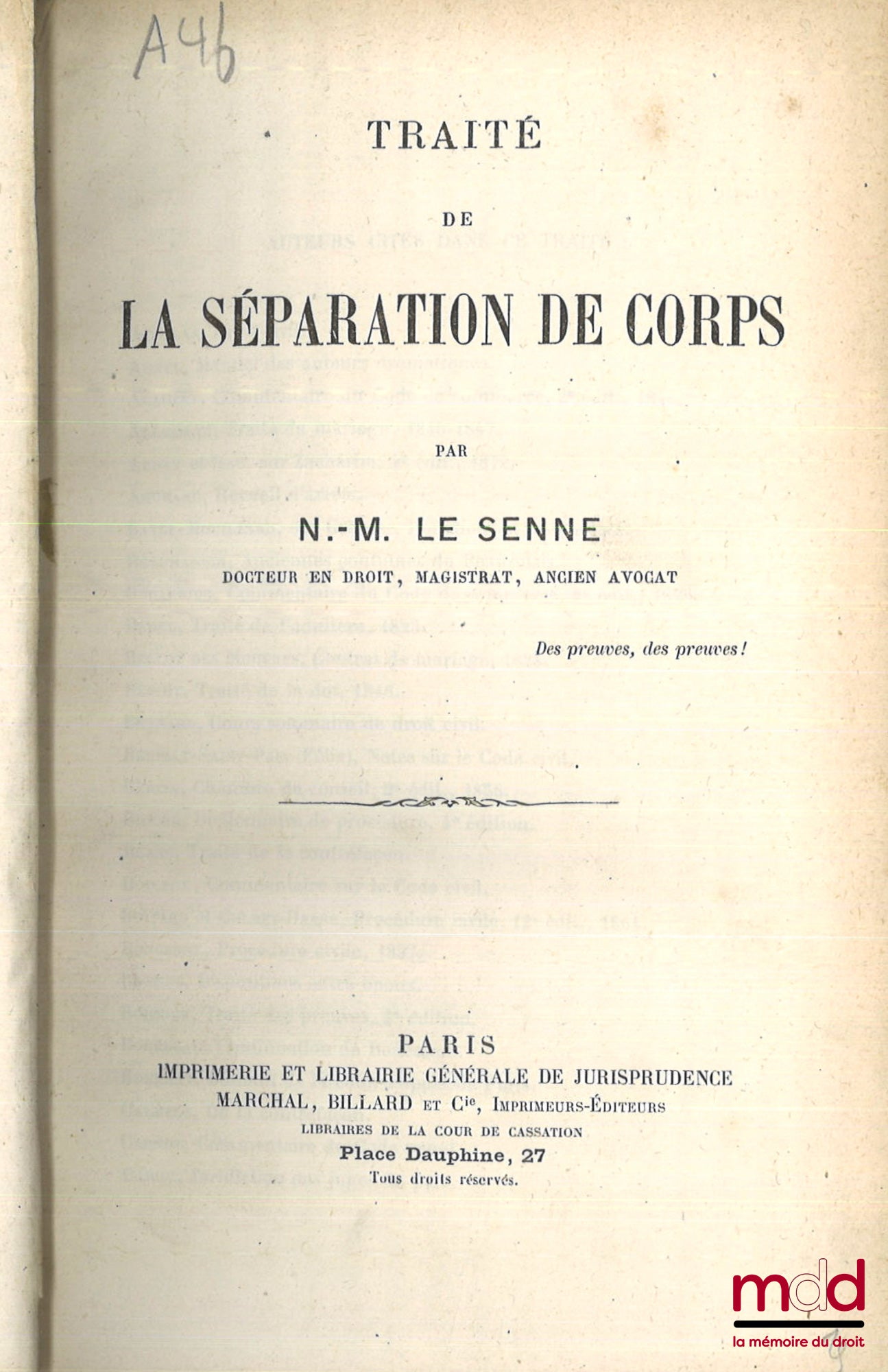 LE SENNE (N.-M.) – TRAITÉ DE LA SÉPARATION DE CORPS