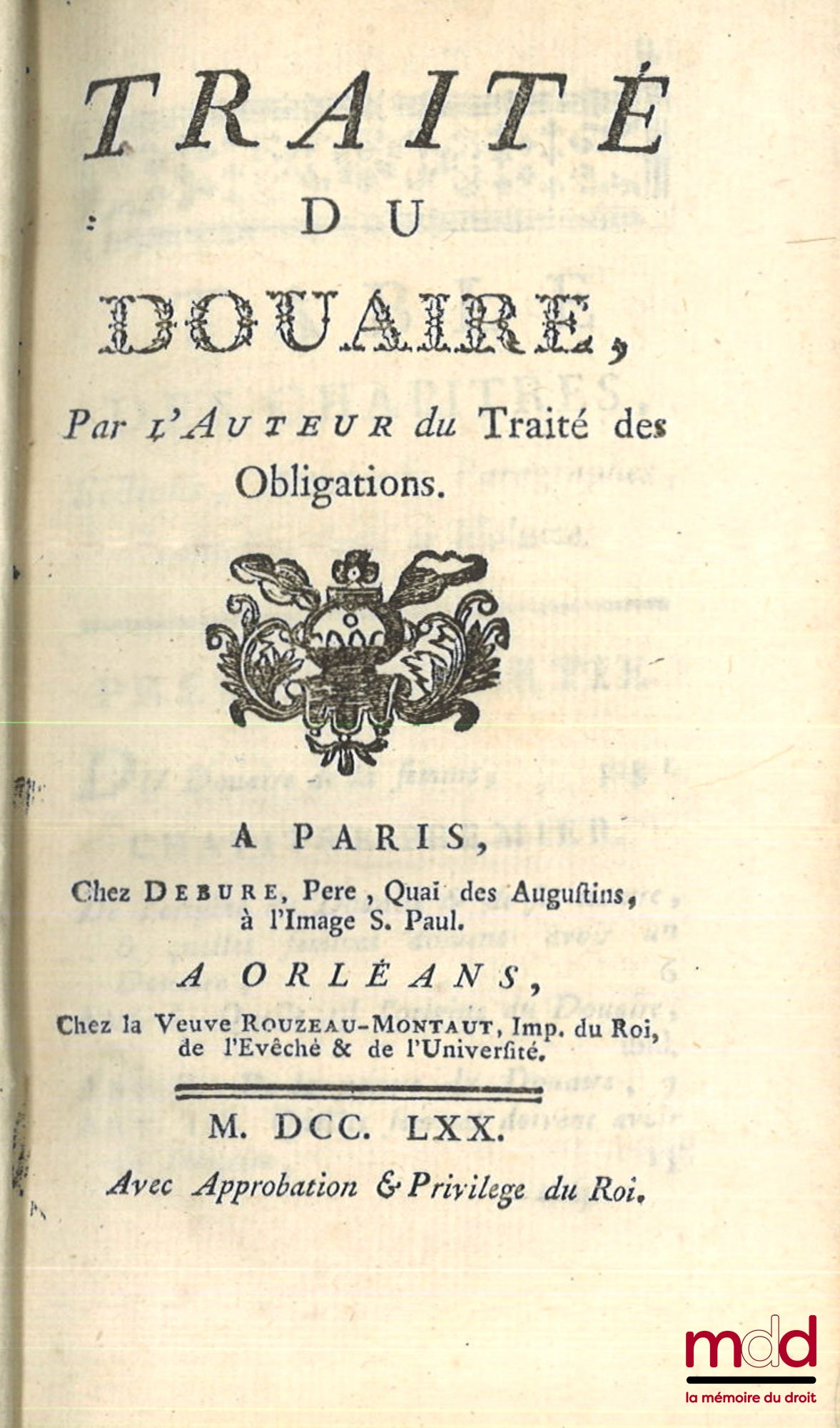 POTHIER (Robert-Joseph) – TRAITÉ DU DOUAIRE par l’auteur du Traité des Obligations