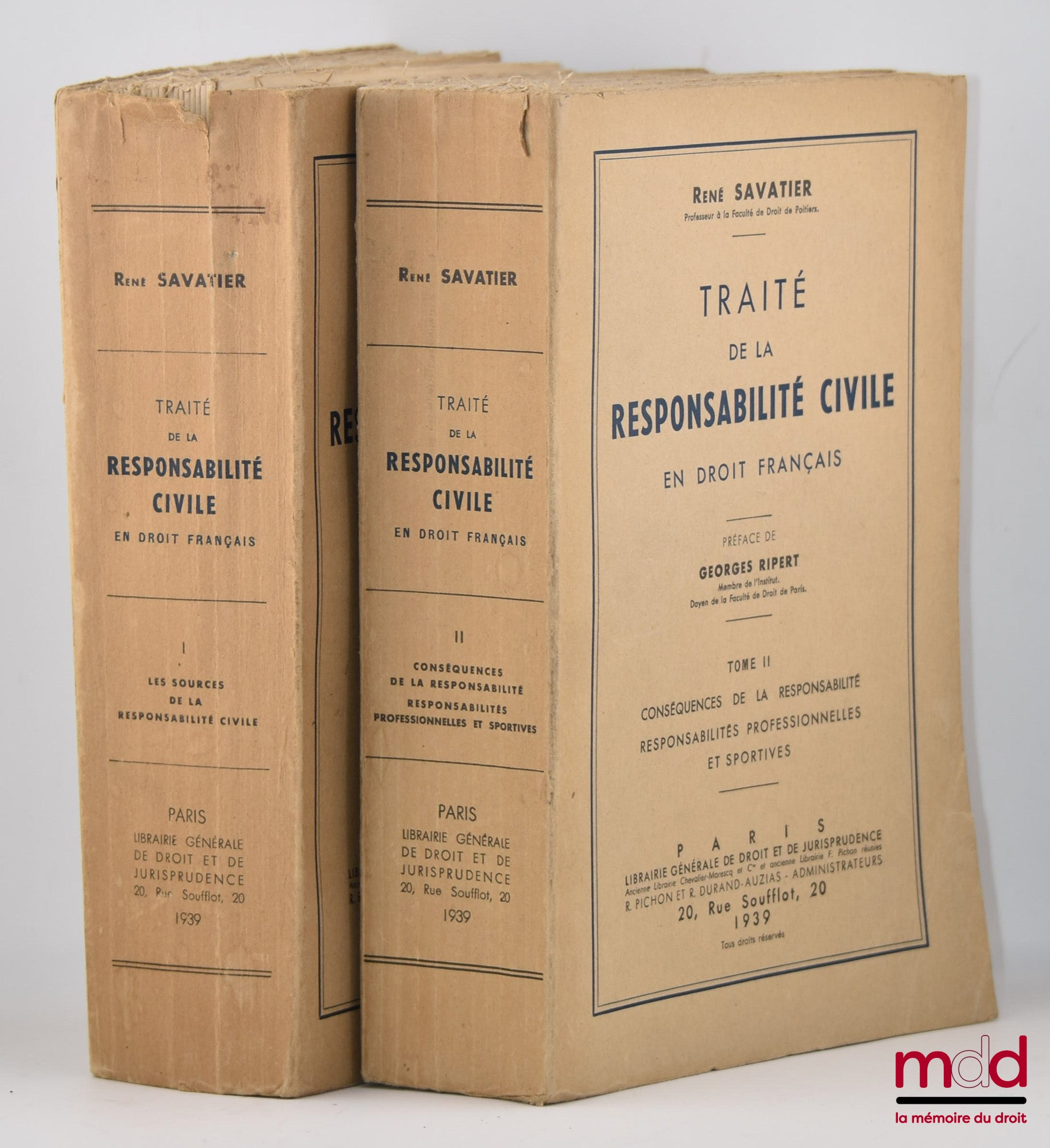 SAVATIER (René) – TRAITÉ DE LA RESPONSABILITÉ CIVILE EN DROIT FRANÇAIS, t. I : Les sources de la responsabilité civile, t. II : Conséquences et aspects divers de la responsabilité, Préface de Georges Ripert, [PREMIÈRE ÉDITION]