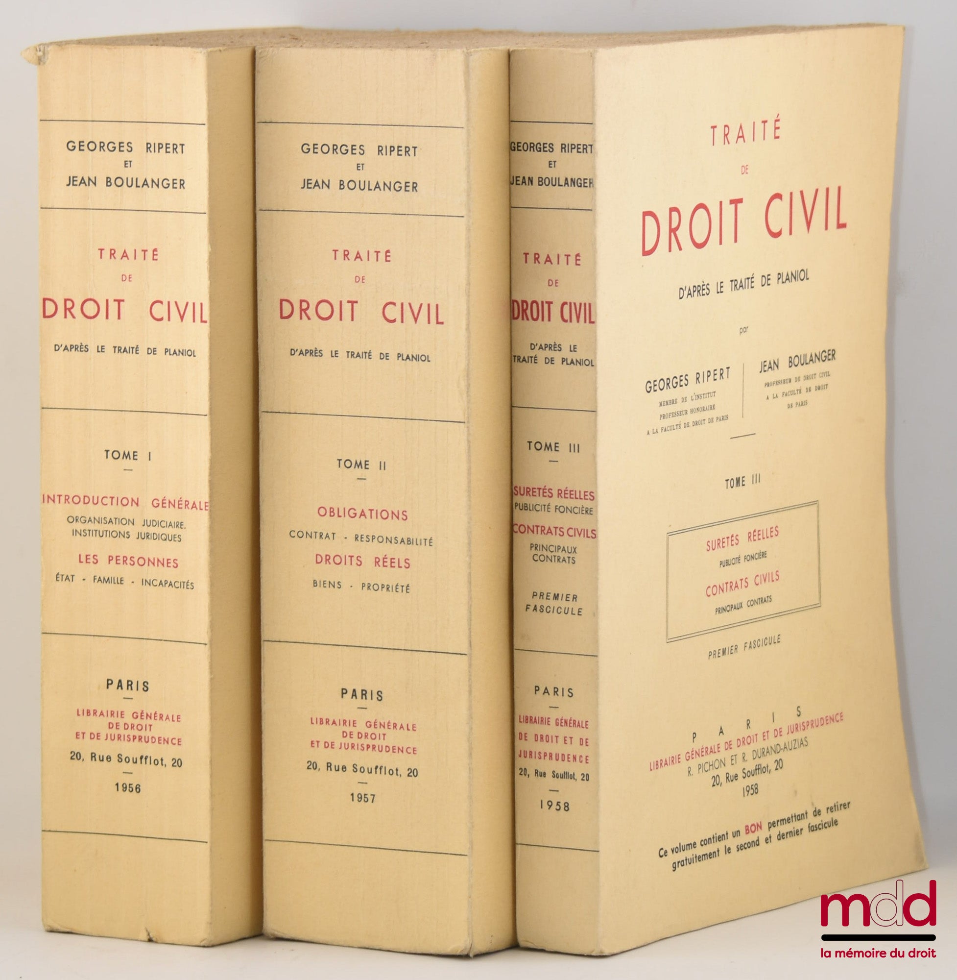 [Planiol & Ripert], RIPERT (Georges) et BOULANGER (Jean) – TRAITÉ DE DROIT CIVIL D’APRÈS LE TRAITÉ DE PLANIOL,  t. I : Introduction générale, Organisation judiciaire, Institutions juridiques ; Les personnes, État, Famille, Incapacités ; t. II : Obligation