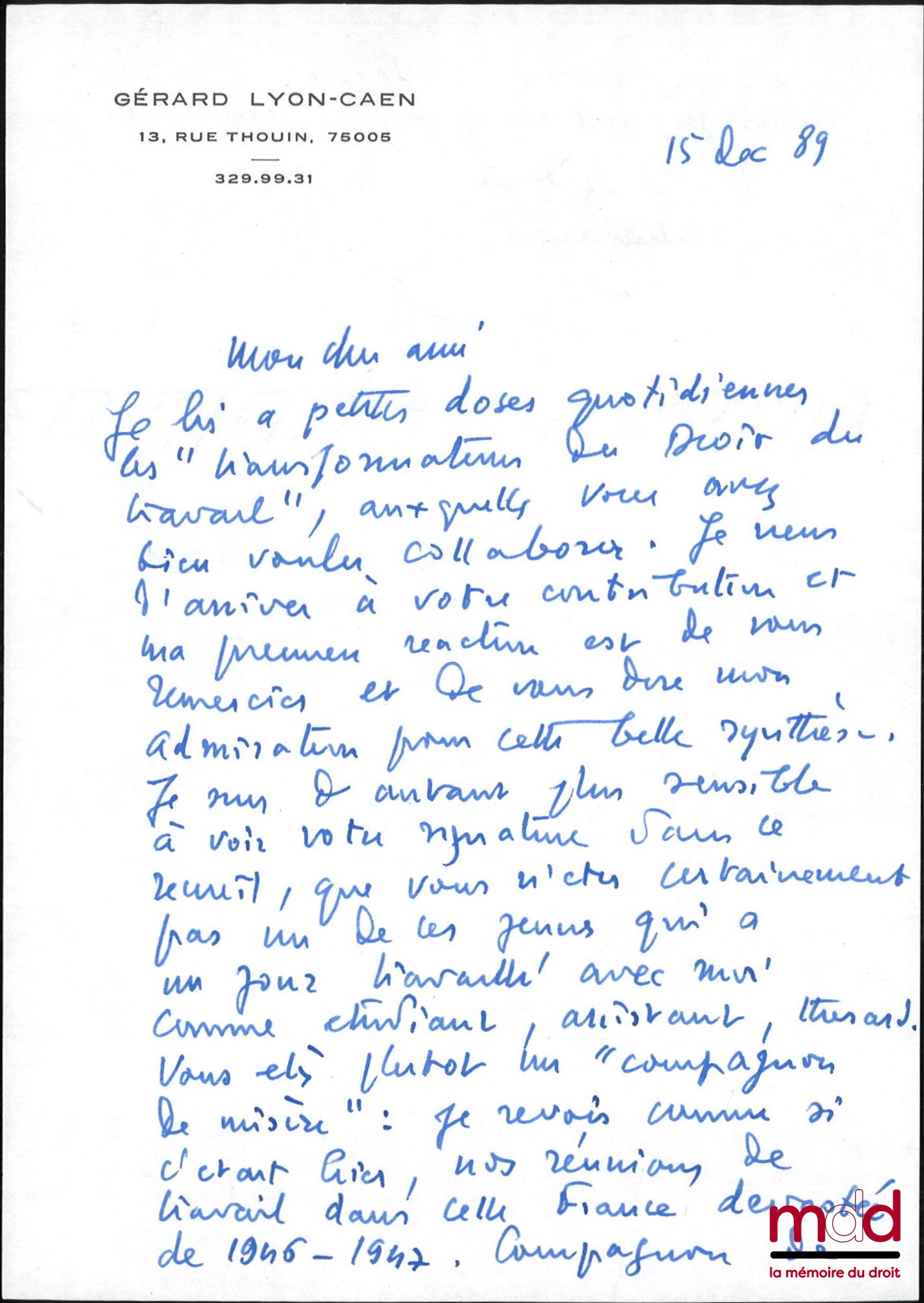 [Mélanges Lyon-Caen (Gérard)] – LES TRANSFORMATIONS DU DROIT DU TRAVAIL, Études offertes à Gérard Lyon-Caen