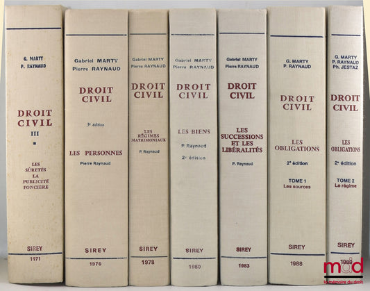 MARTY (Gabriel), RAYNAUD (Pierre) et JESTAZ (Philippe) – DROIT CIVIL : t. II : LES PERSONNES par Pierre Raynaud (3e éd., 1976, 1023 p.) ; t. III [anc. numérotation]: LES SÛRETÉS, LA PUBLICITÉ FONCIÈRE (1er vol., 1971, 510 p.) ; t. III [nouv. numérotation]