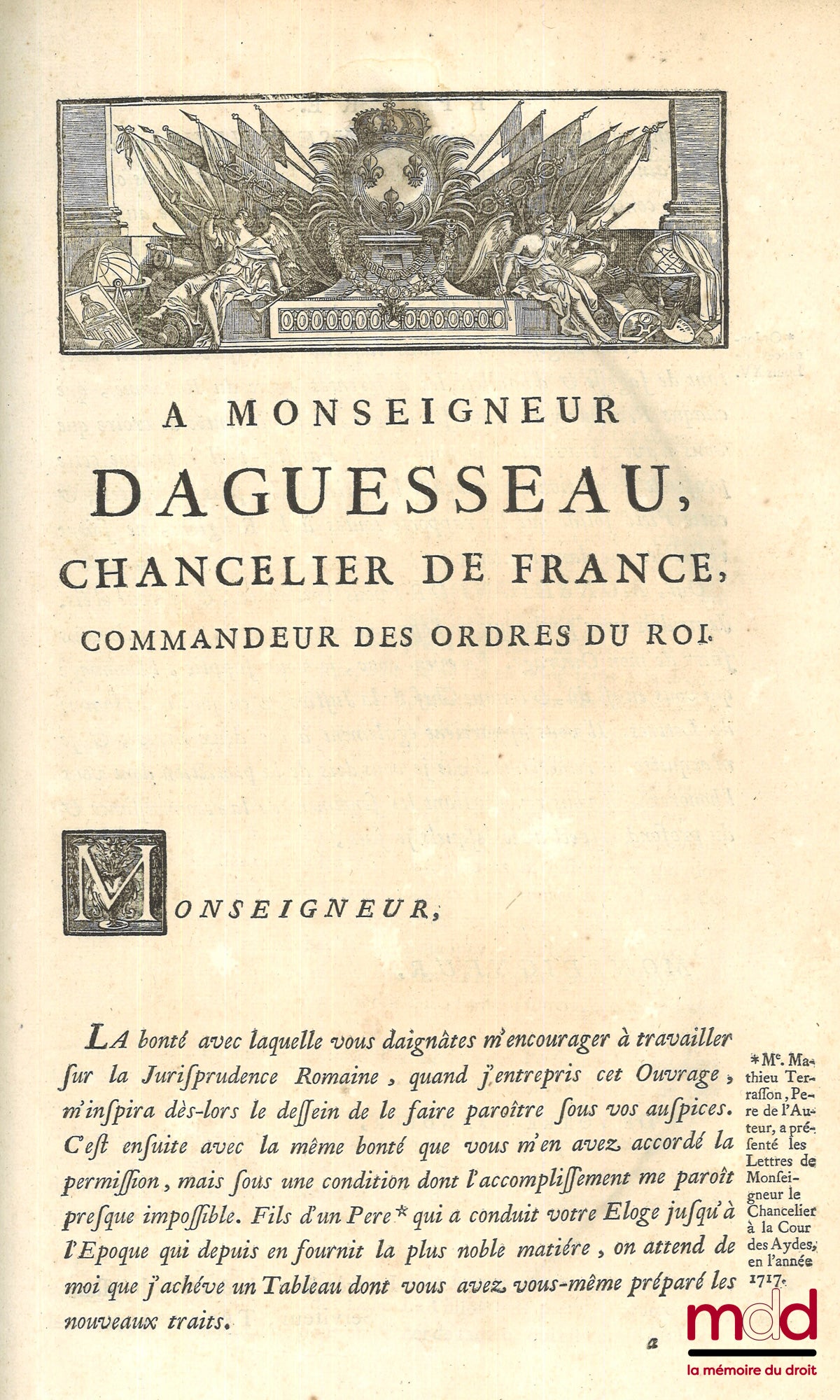 TERRASSON (Antoine) – HISTOIRE DE LA JURISPRUDENCE ROMAINE contenant son origine et ses progrès depuis la fondation de Rome jusqu’à présent : Le Code Papyrien & les Loix des douze Tables, avec des Commentaires : L’histoire de chaque Loi en particulier, av