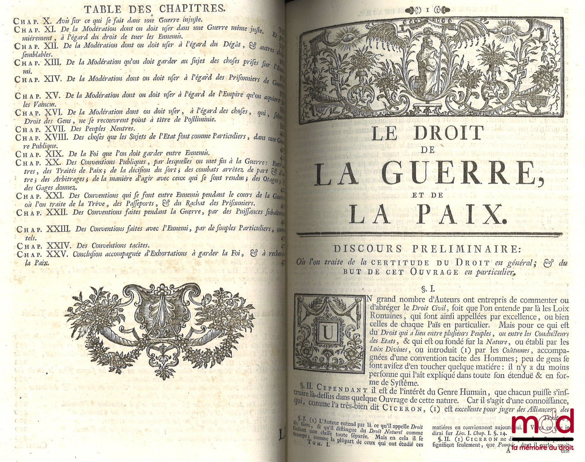 GROTIUS (Hugues) – LE DROIT DE LA GUERRE ET DE LA PAIX, nouvelle traduction par Jean Barbeyrac, avec les notes de l’auteur même, qui n’avoient point encore paru en François ; & de nouvelles notes du traducteur [t. I seul]