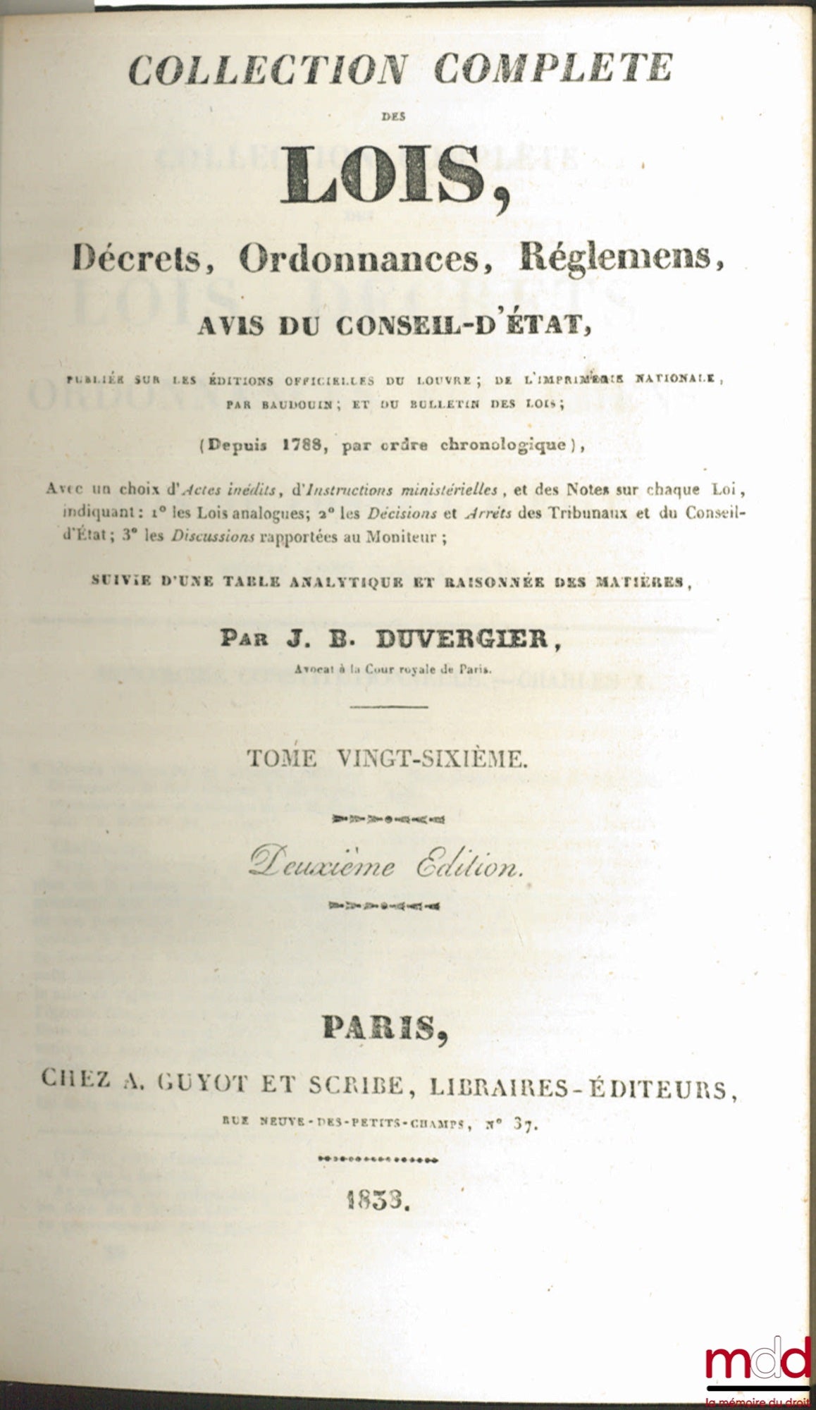 DUVERGIER (J.-B.) – LAWS, DECREES, ORDINANCES, REGULATIONS, OPINIONS OF THE COUNCIL OF STATE, vol. 26, 2nd ed.