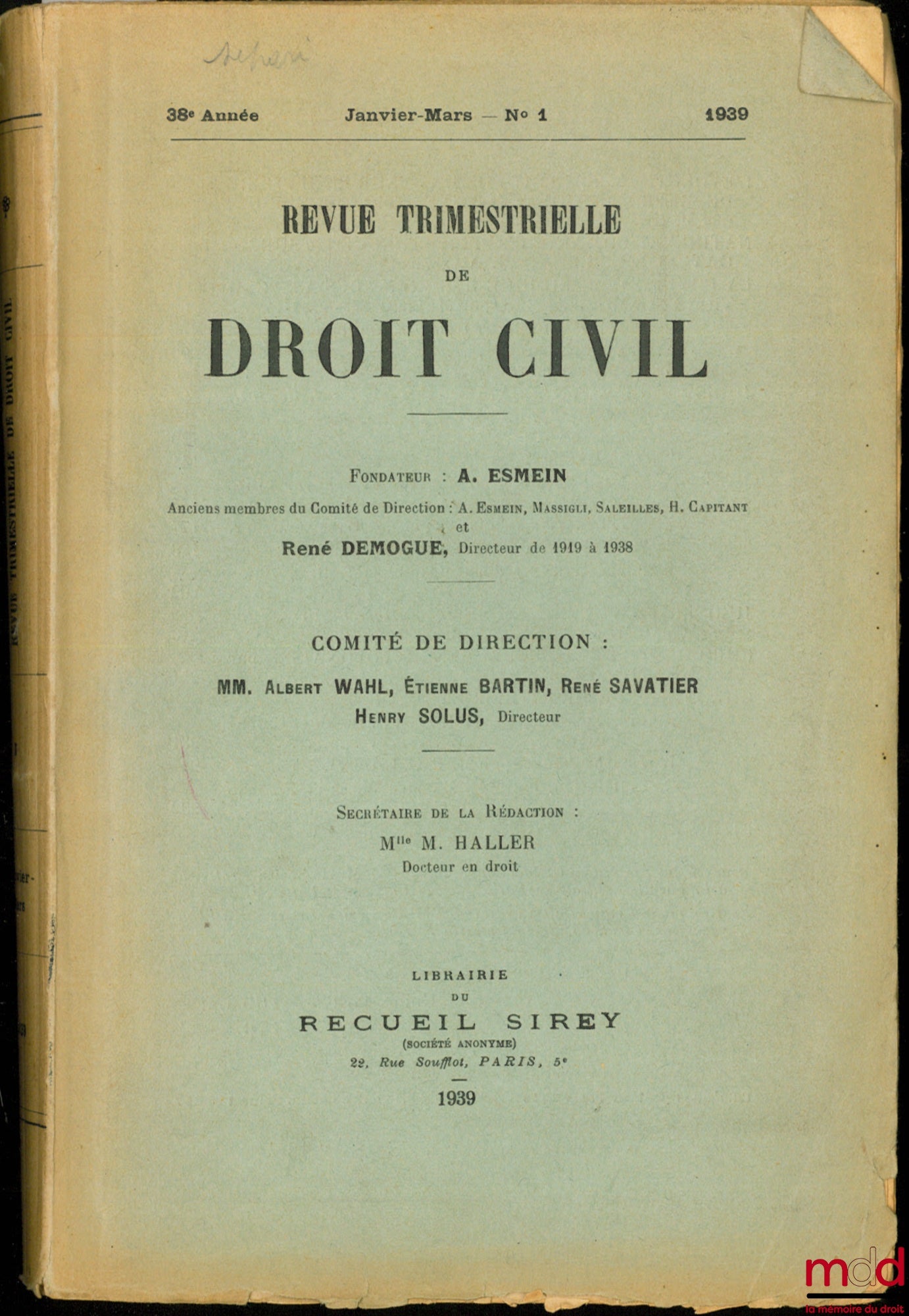 [Periodical] – QUARTERLY REVIEW OF CIVIL LAW, 38th year, January-March no. 1, year 1939