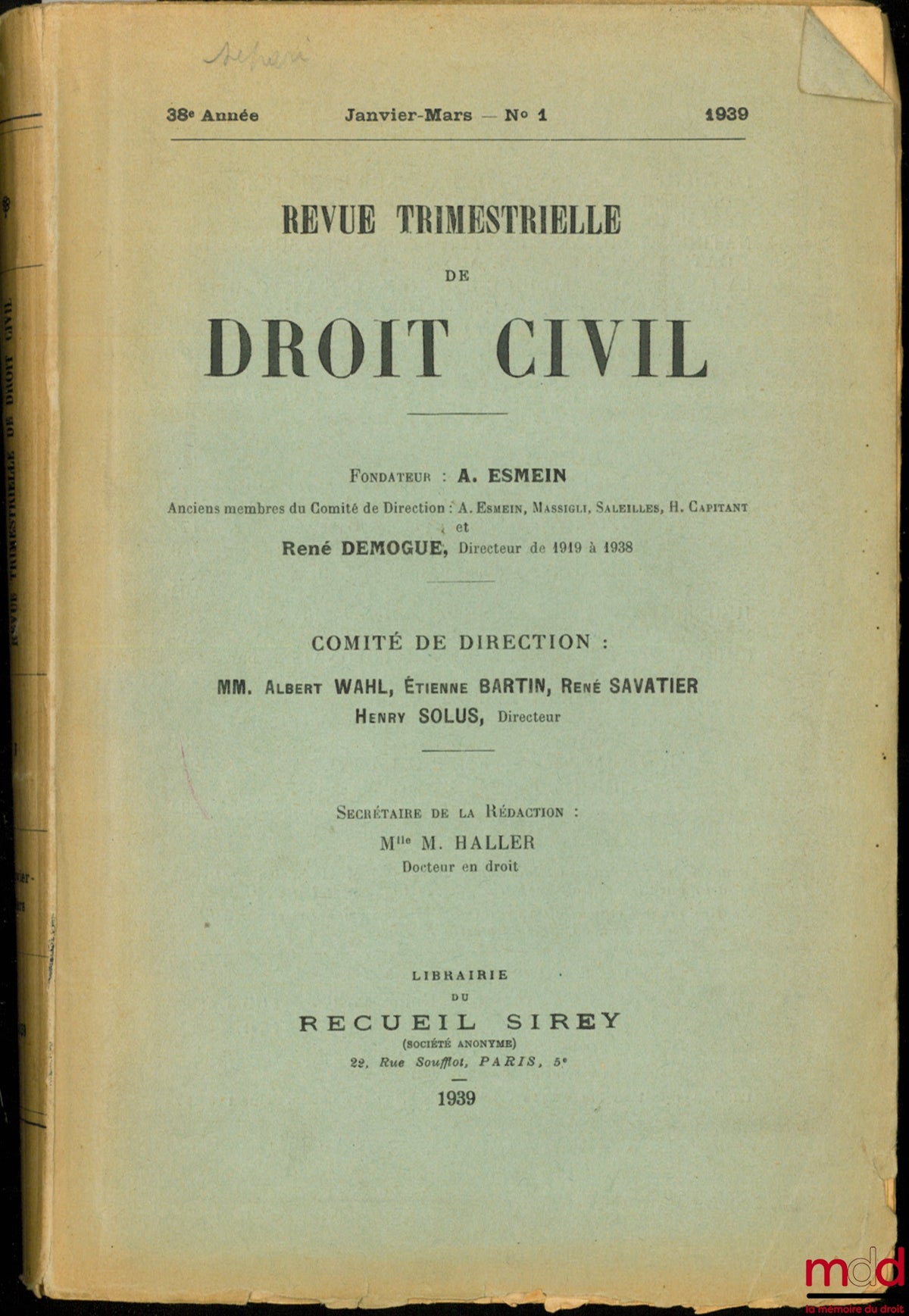 [Periodical] – QUARTERLY REVIEW OF CIVIL LAW, 38th year, January-March no. 1, year 1939