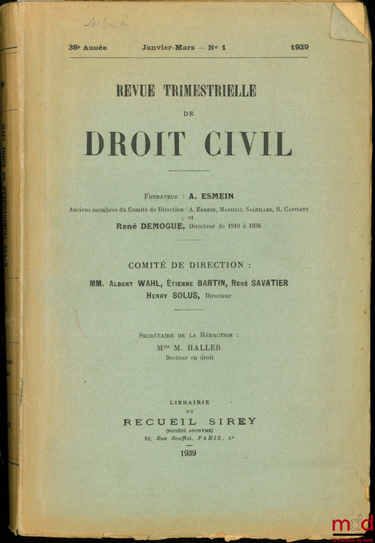 [Periodical] – QUARTERLY REVIEW OF CIVIL LAW, 38th year, January-March no. 1, year 1939